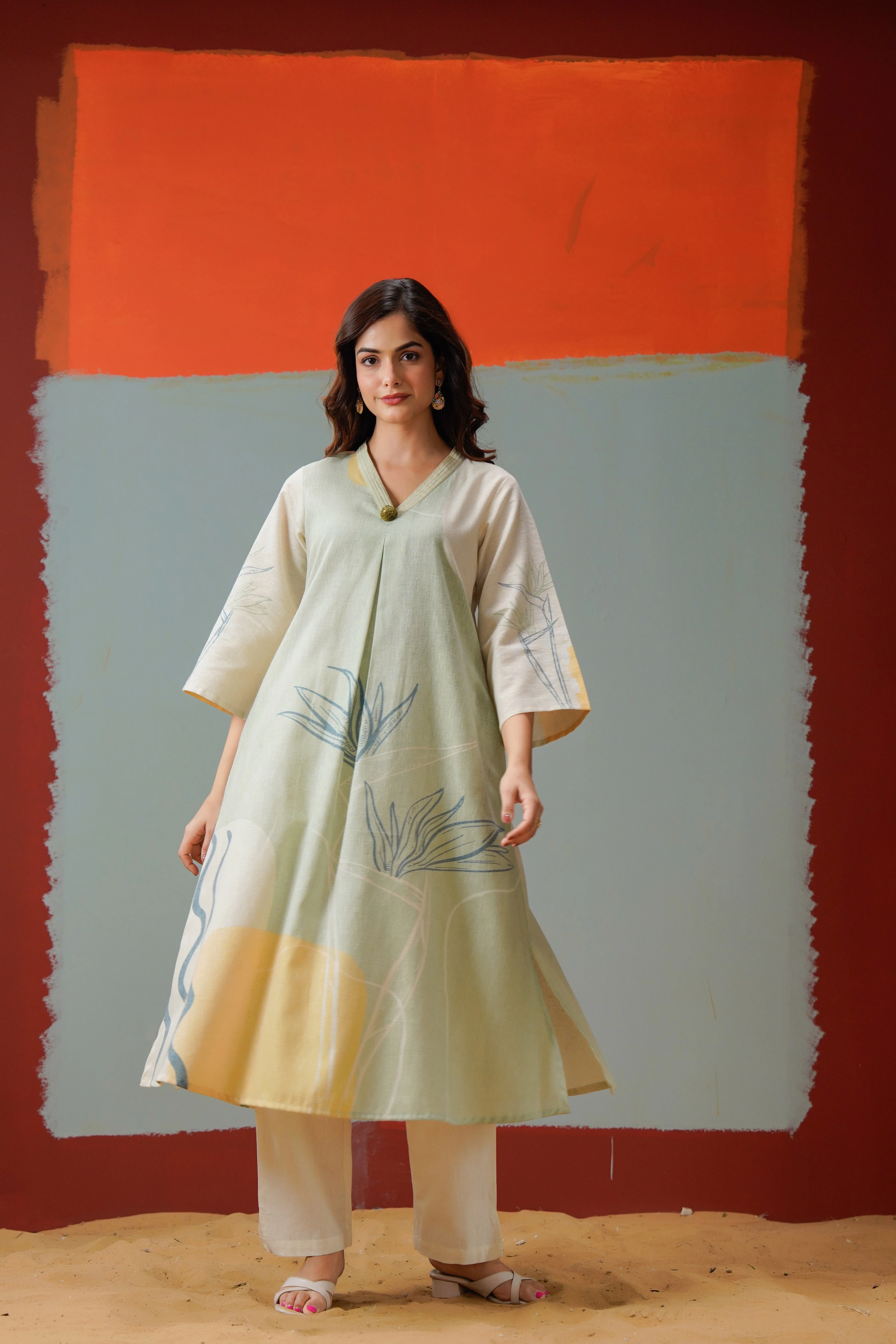 Sage Abstract Printed Linen Pant Set - Image 3