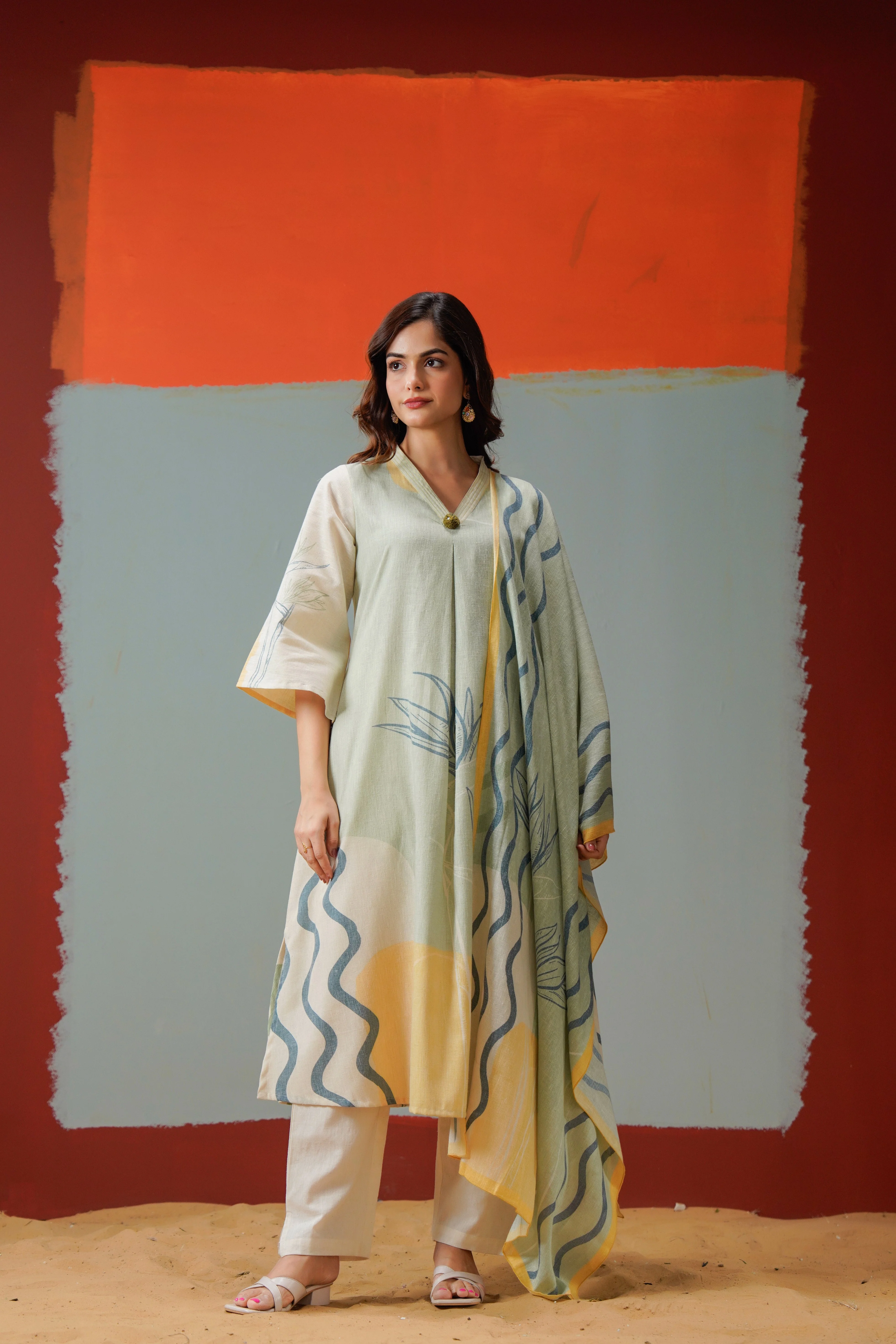 Sage Abstract Printed Linen Pant Set - Image 4