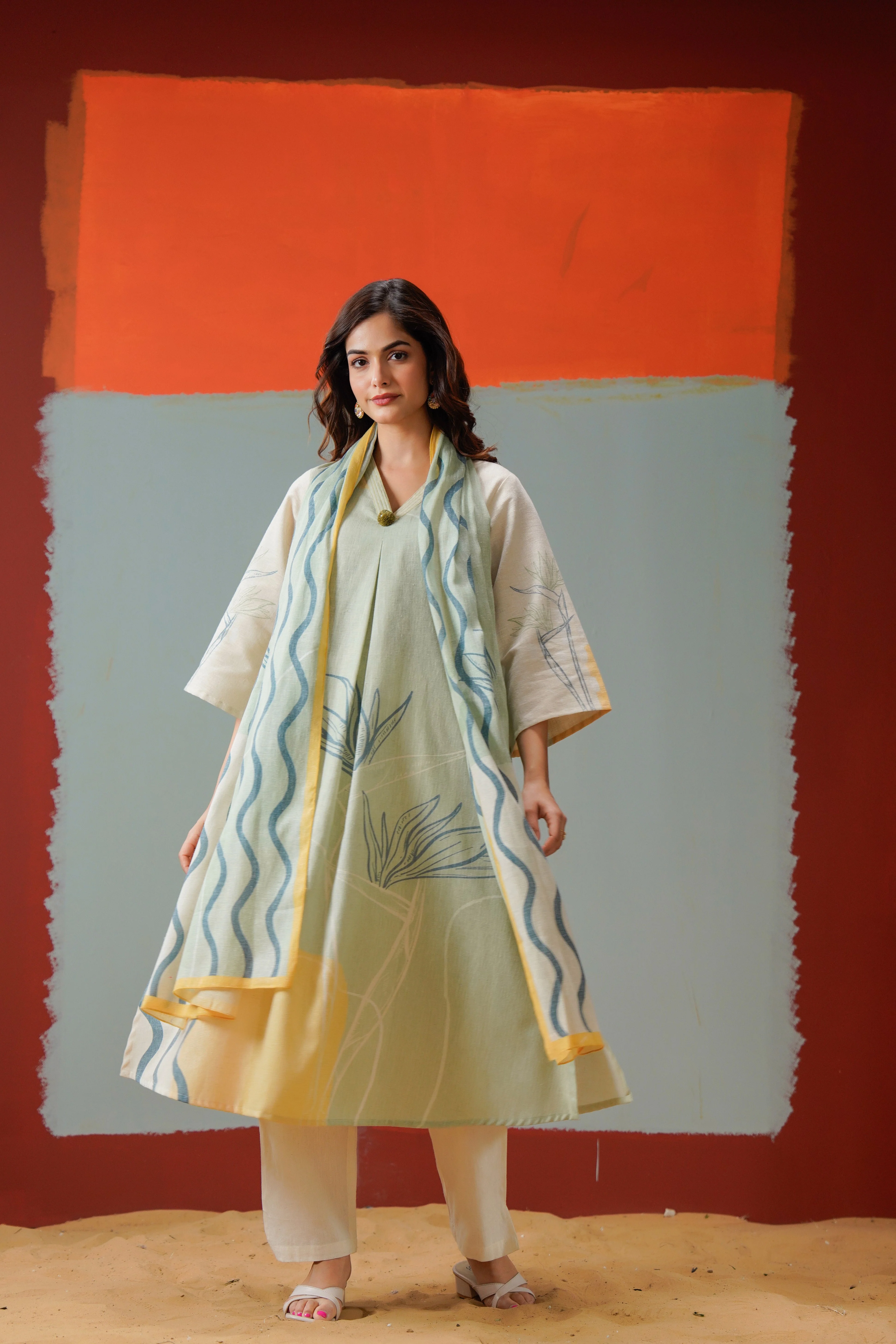 Sage Abstract Printed Linen Pant Set - Image 5