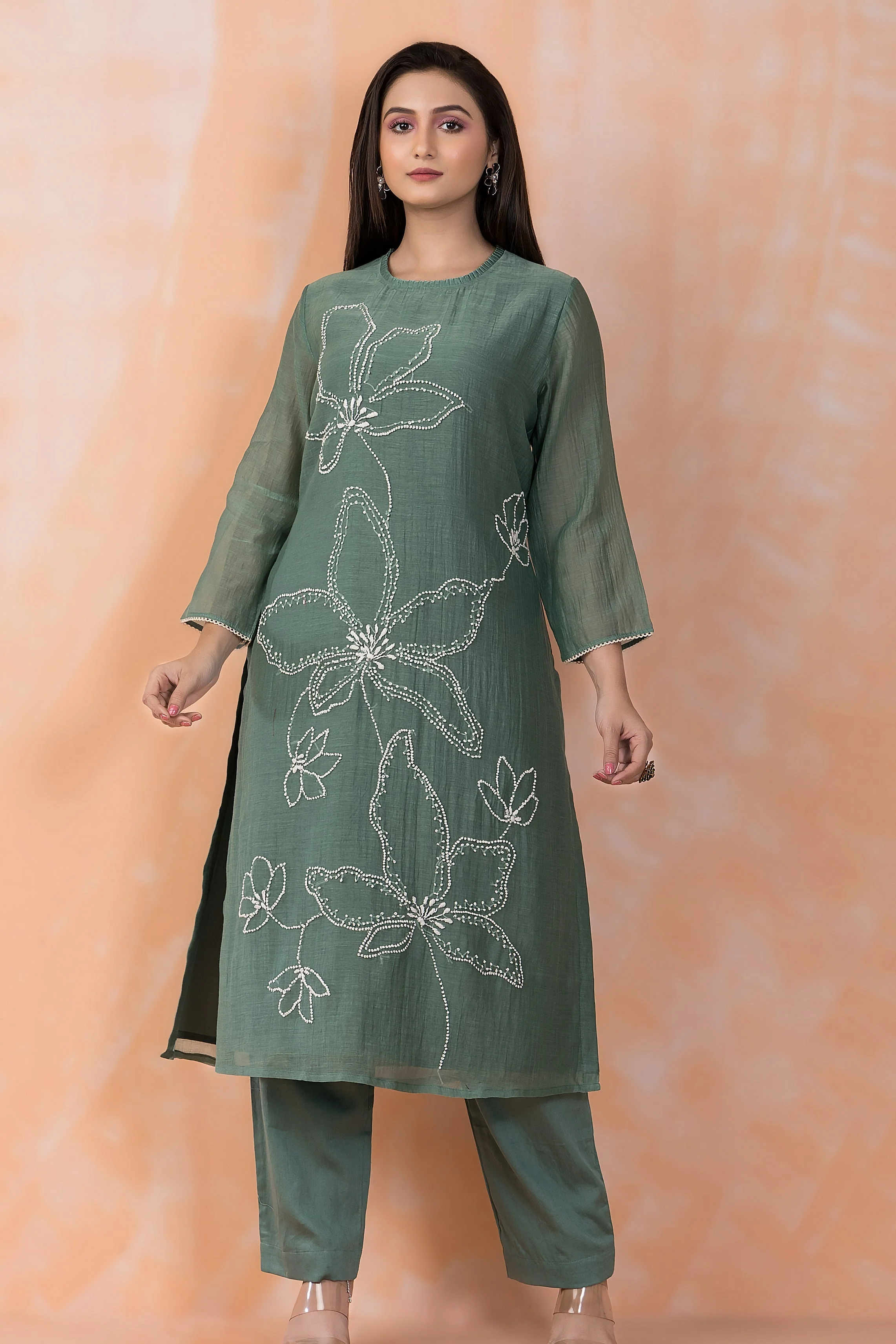 Sage Blossom Embroidered Chanderi Silk Kurta Set - Image 3
