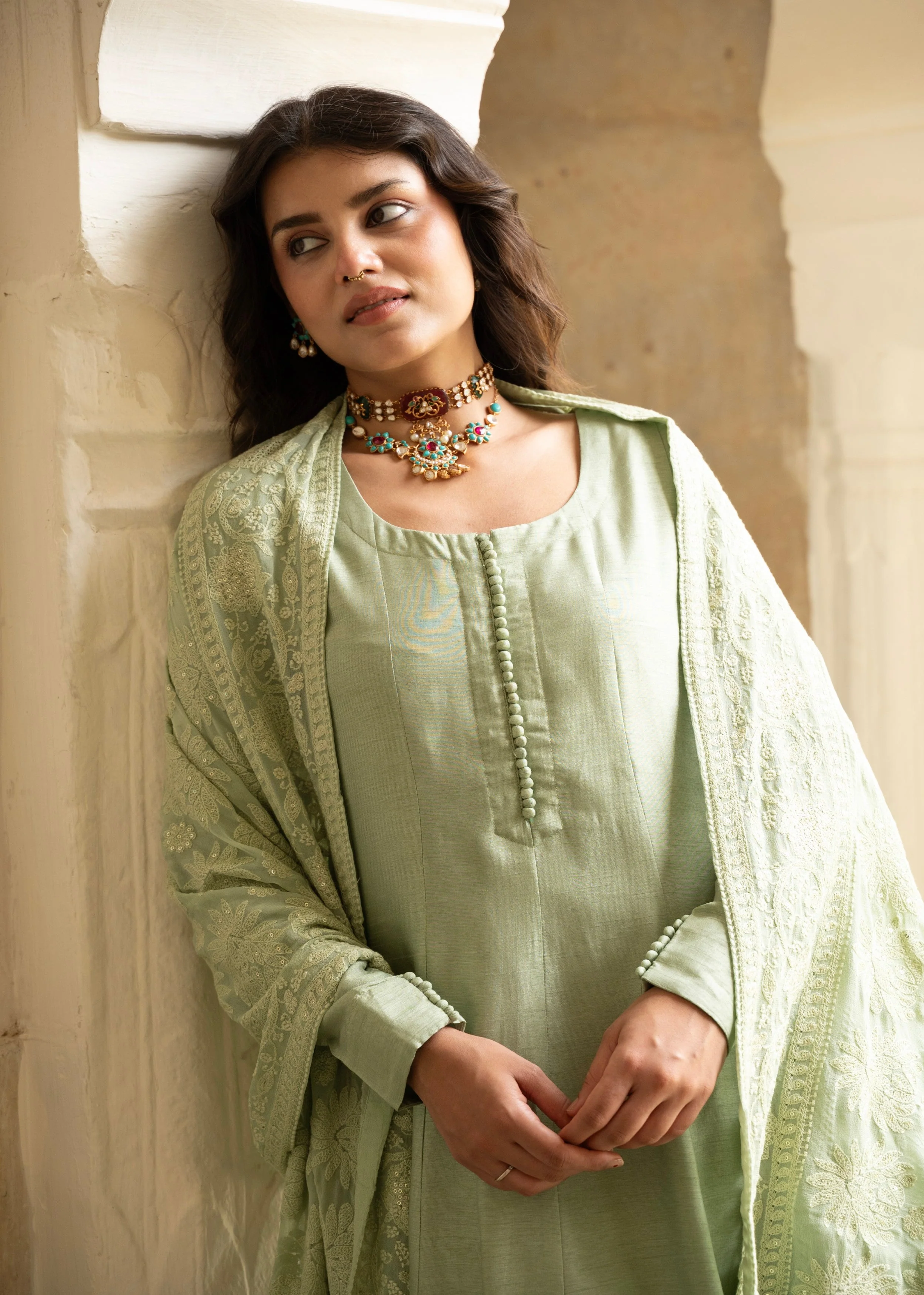 Sage Green Chikankari Dola Silk Anarkali Set - Image 2