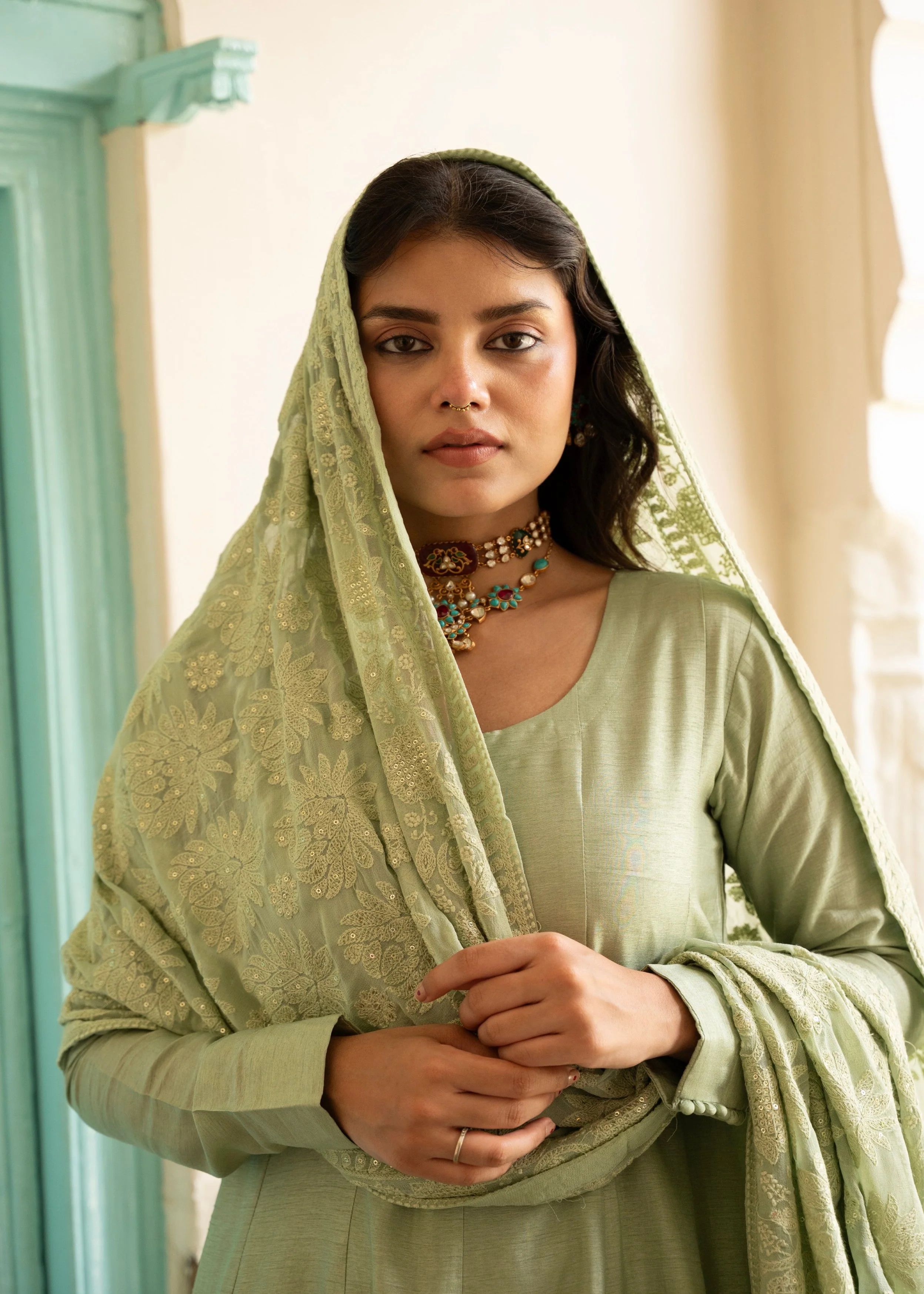 Sage Green Chikankari Dola Silk Anarkali Set - Image 3