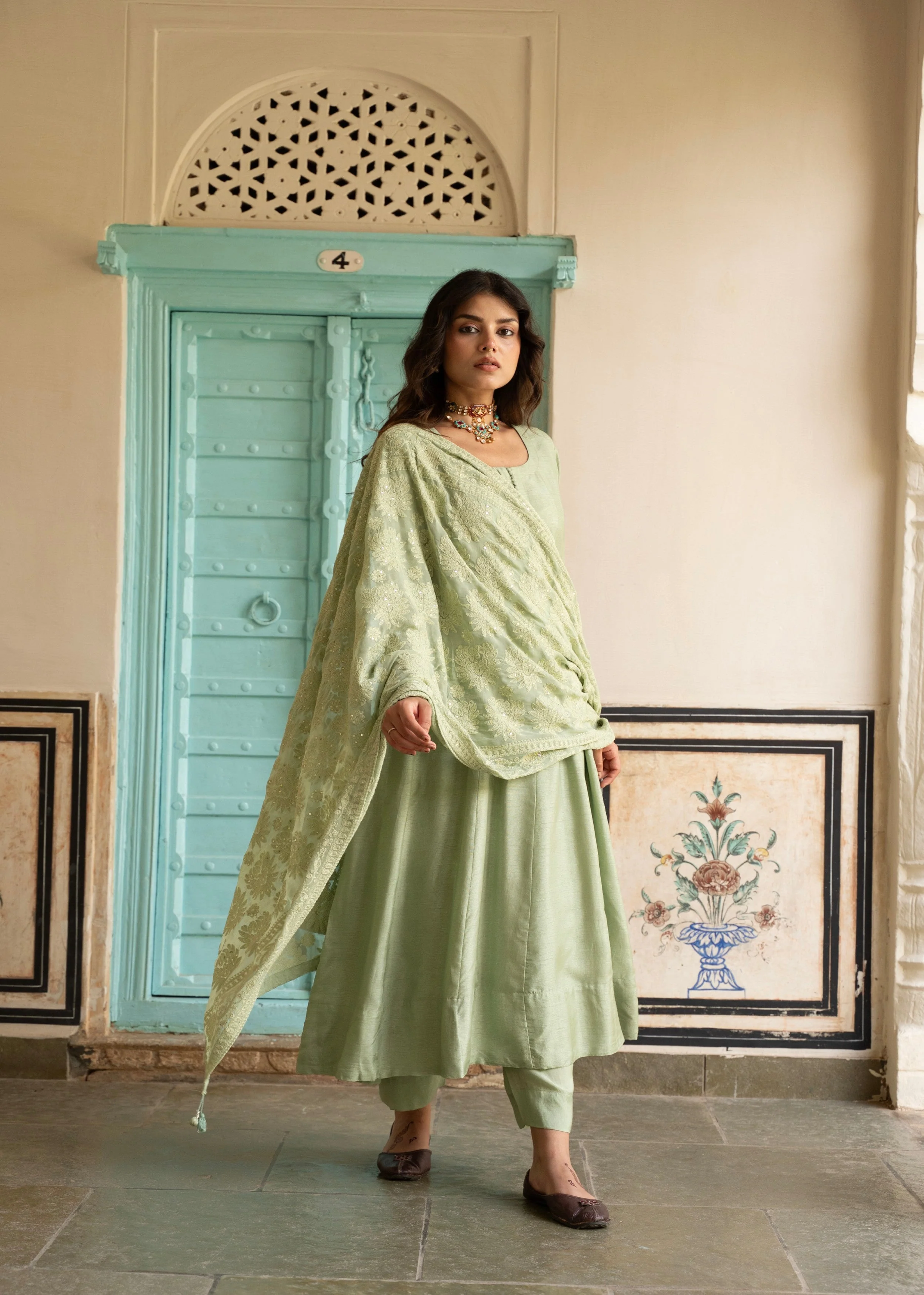 Sage Green Chikankari Dola Silk Anarkali Set - Image 4