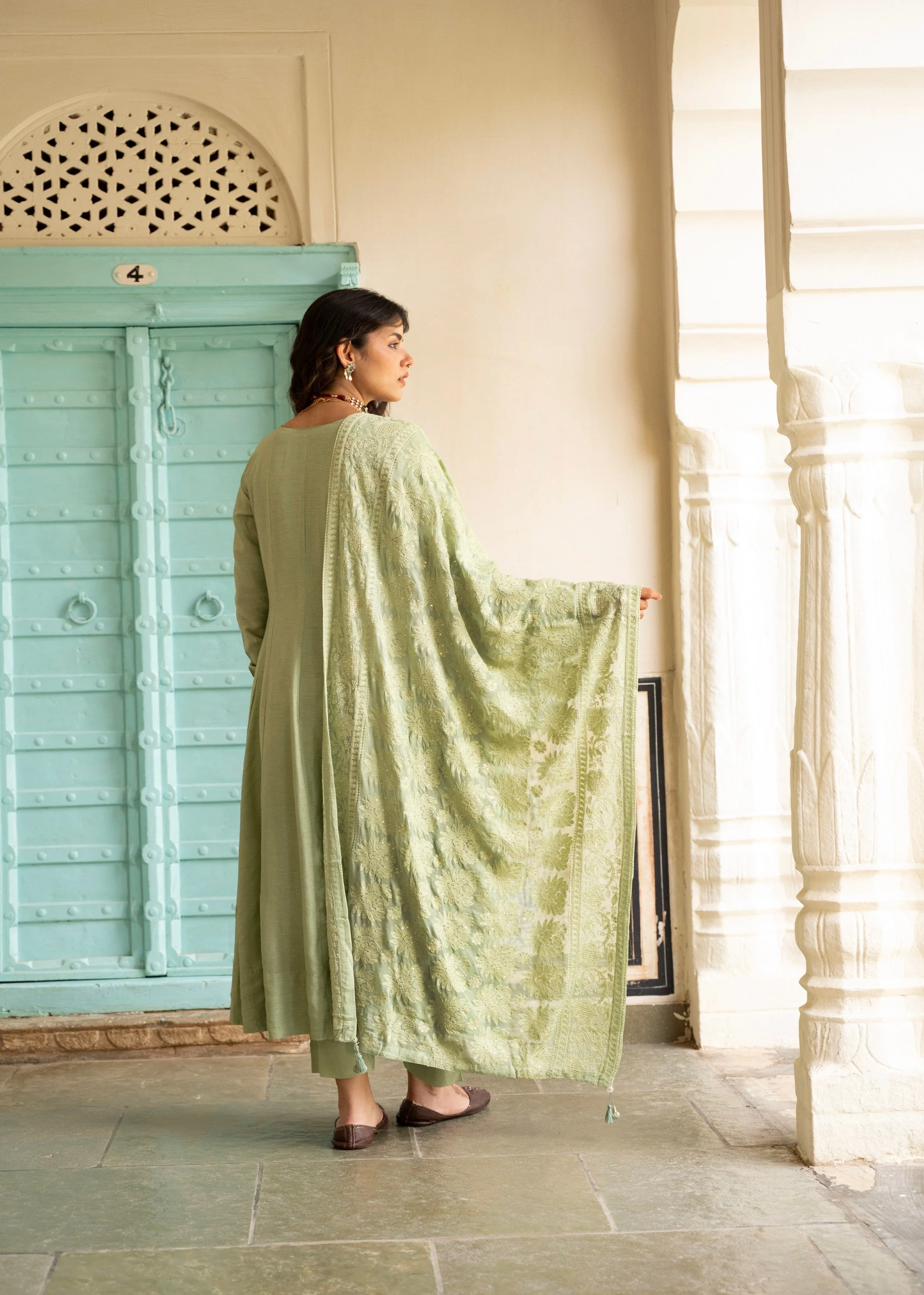 Sage Green Chikankari Dola Silk Anarkali Set - Image 5