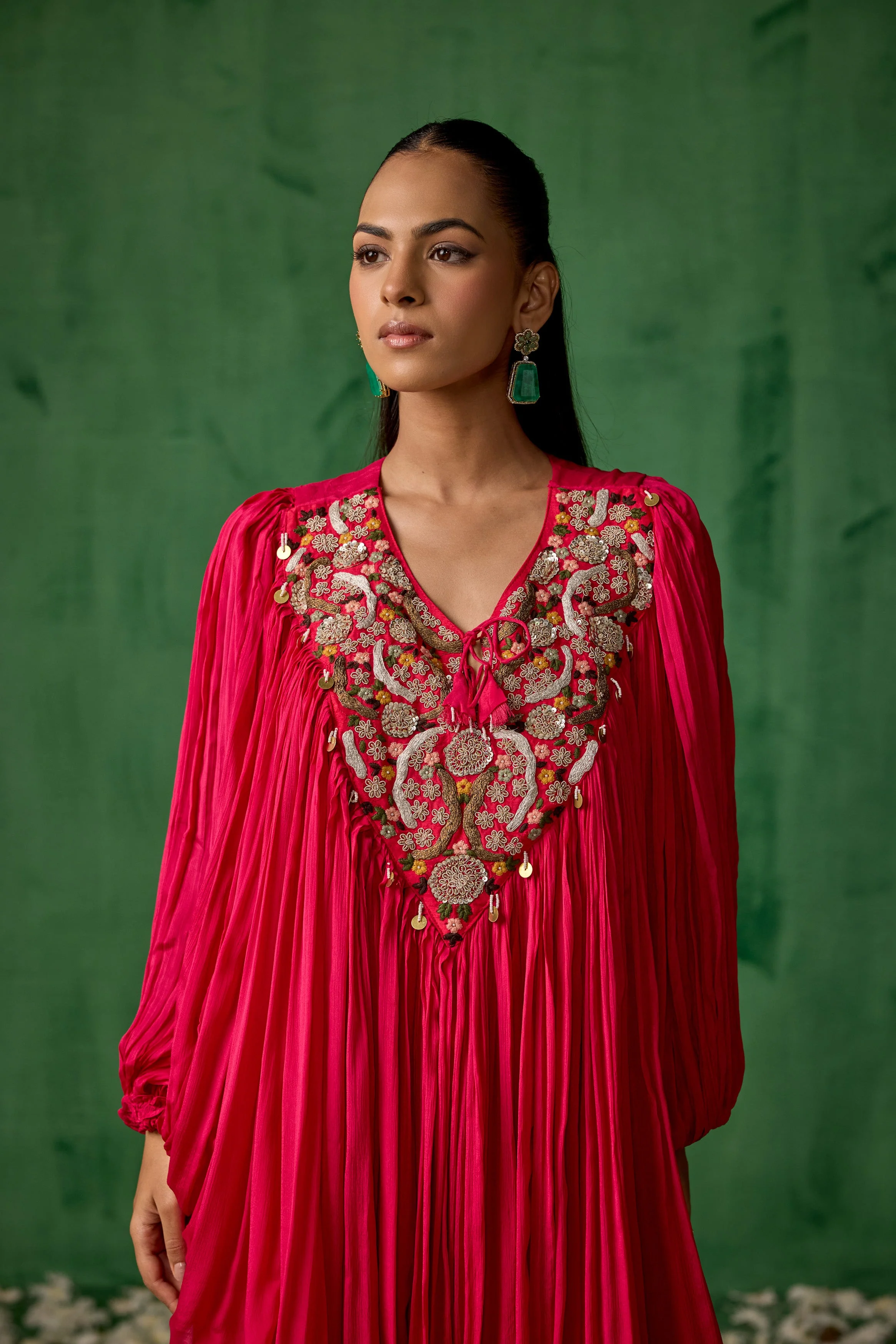 Raspberry Pink Embellished Chinon Silk Kaftan Co-Ord - Image 3