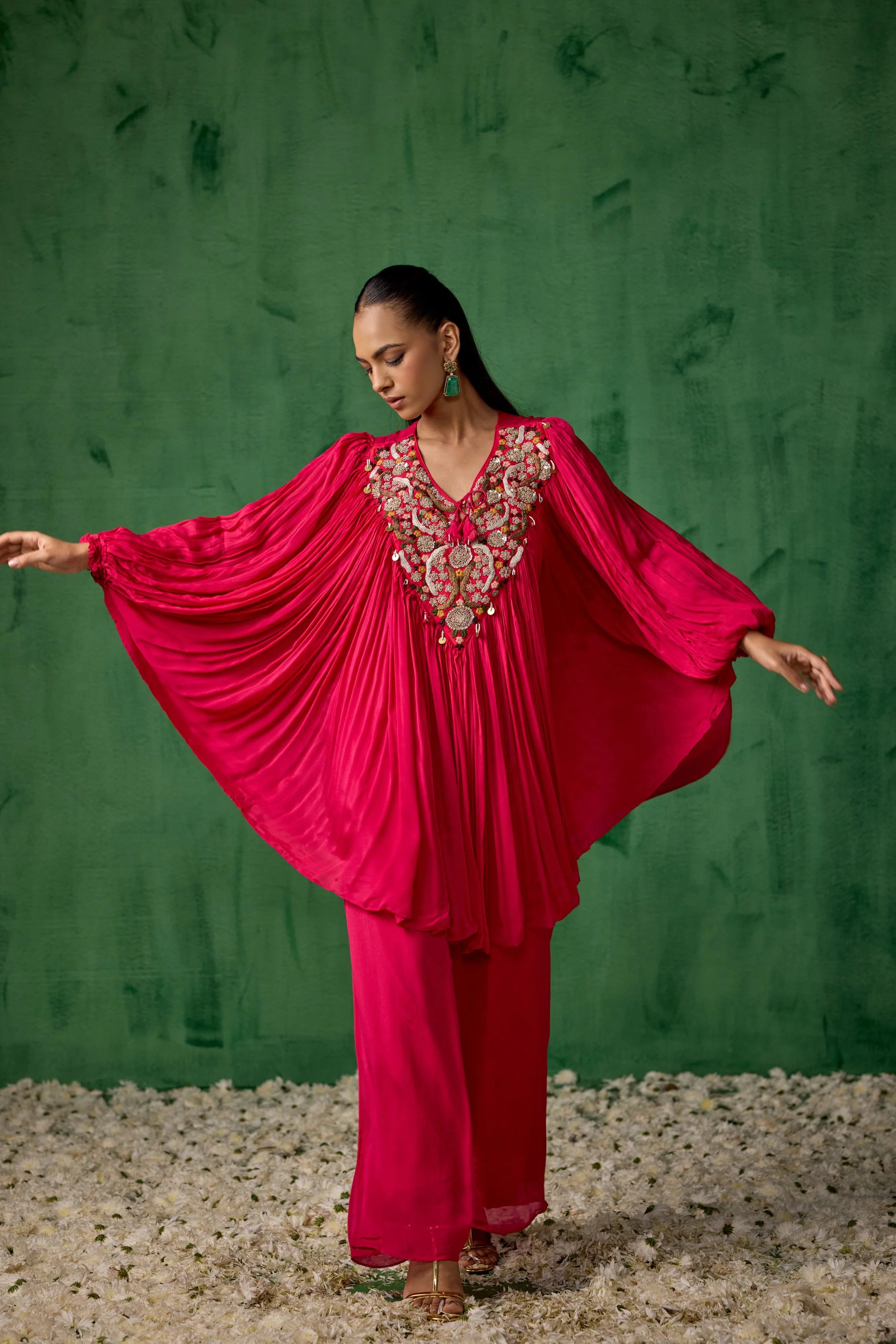 Raspberry Pink Embellished Chinon Silk Kaftan Co-Ord - Image 4