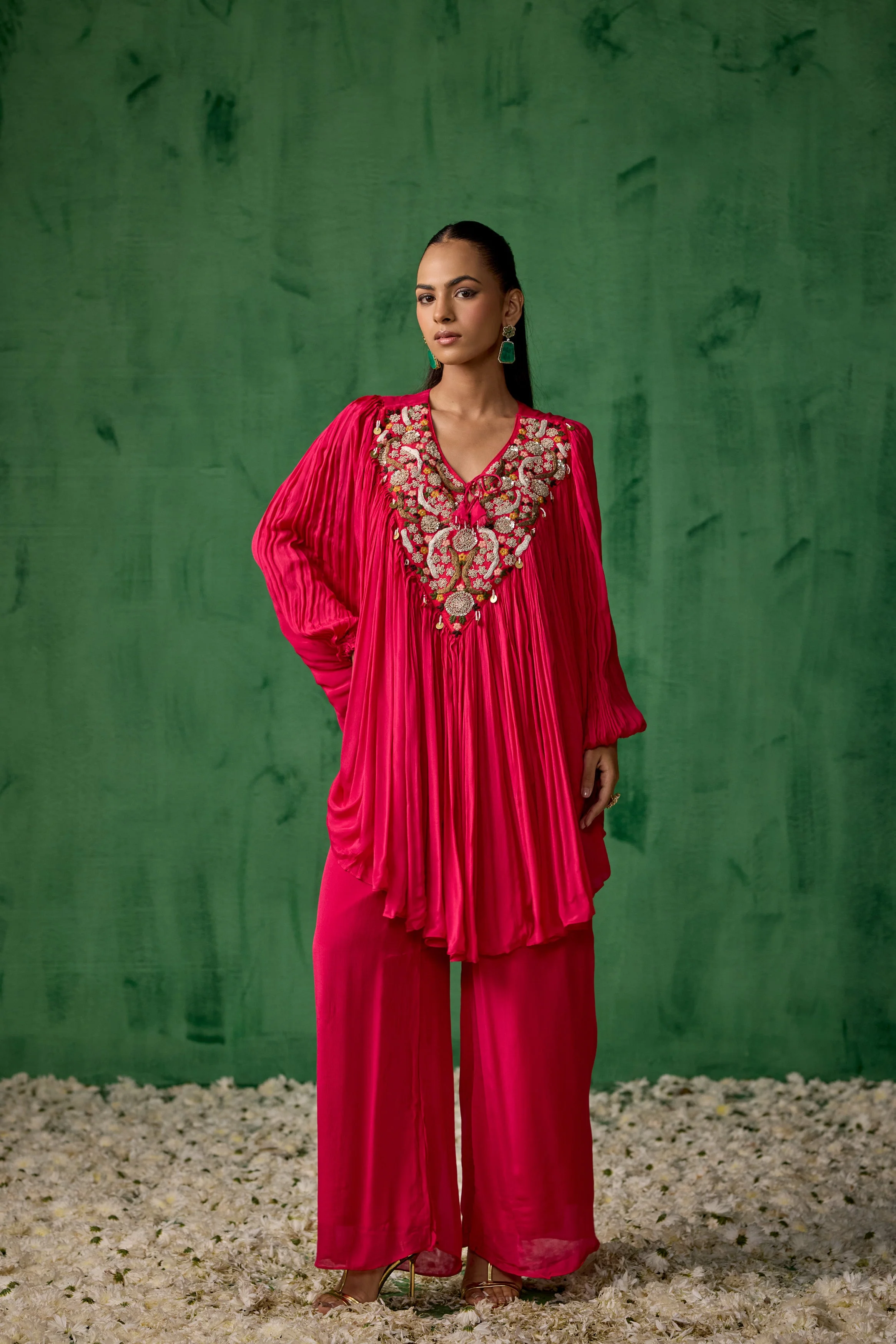 Raspberry Pink Embellished Chinon Silk Kaftan Co-Ord - Image 5