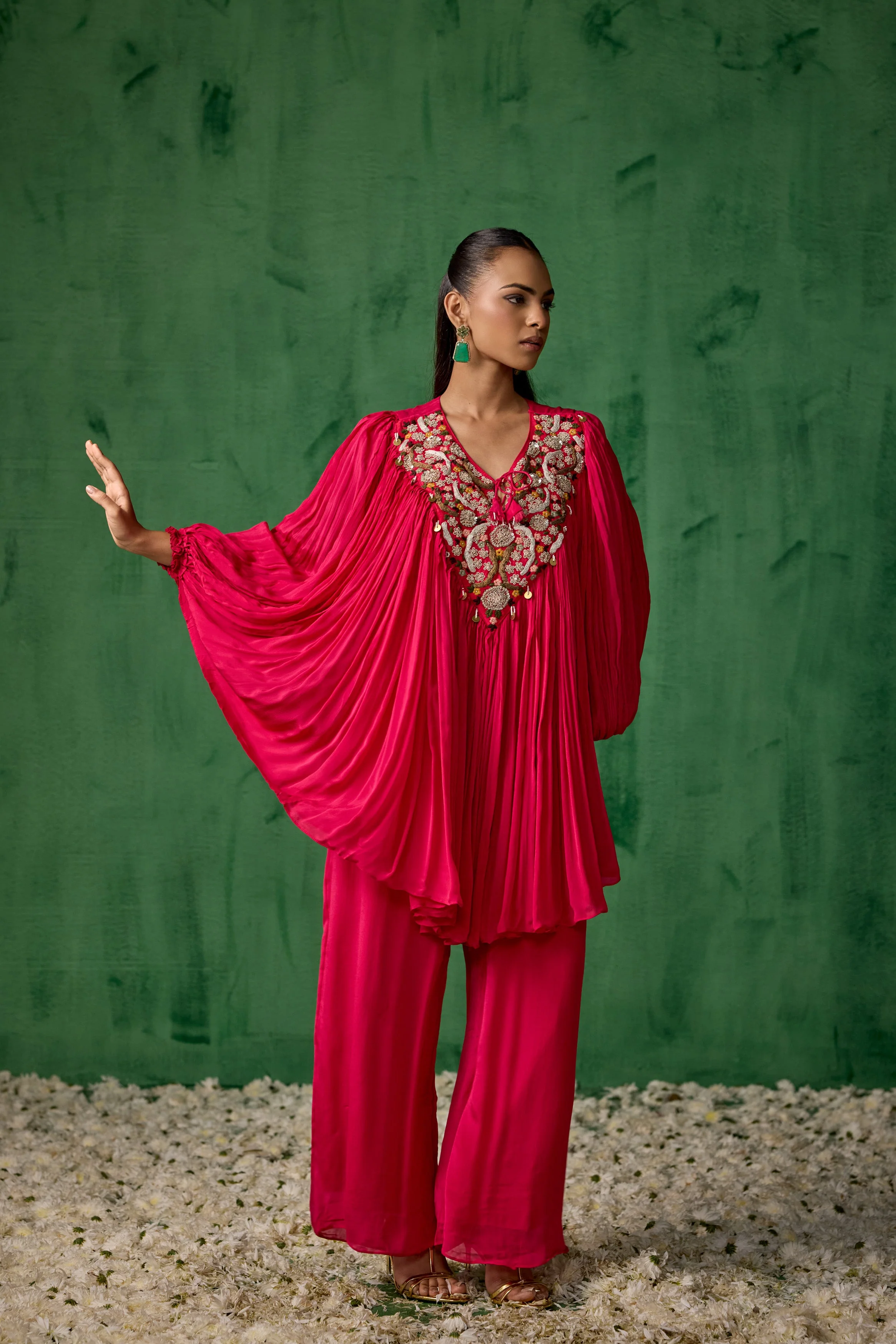 Raspberry Pink Embellished Chinon Silk Kaftan Co-Ord - Image 6