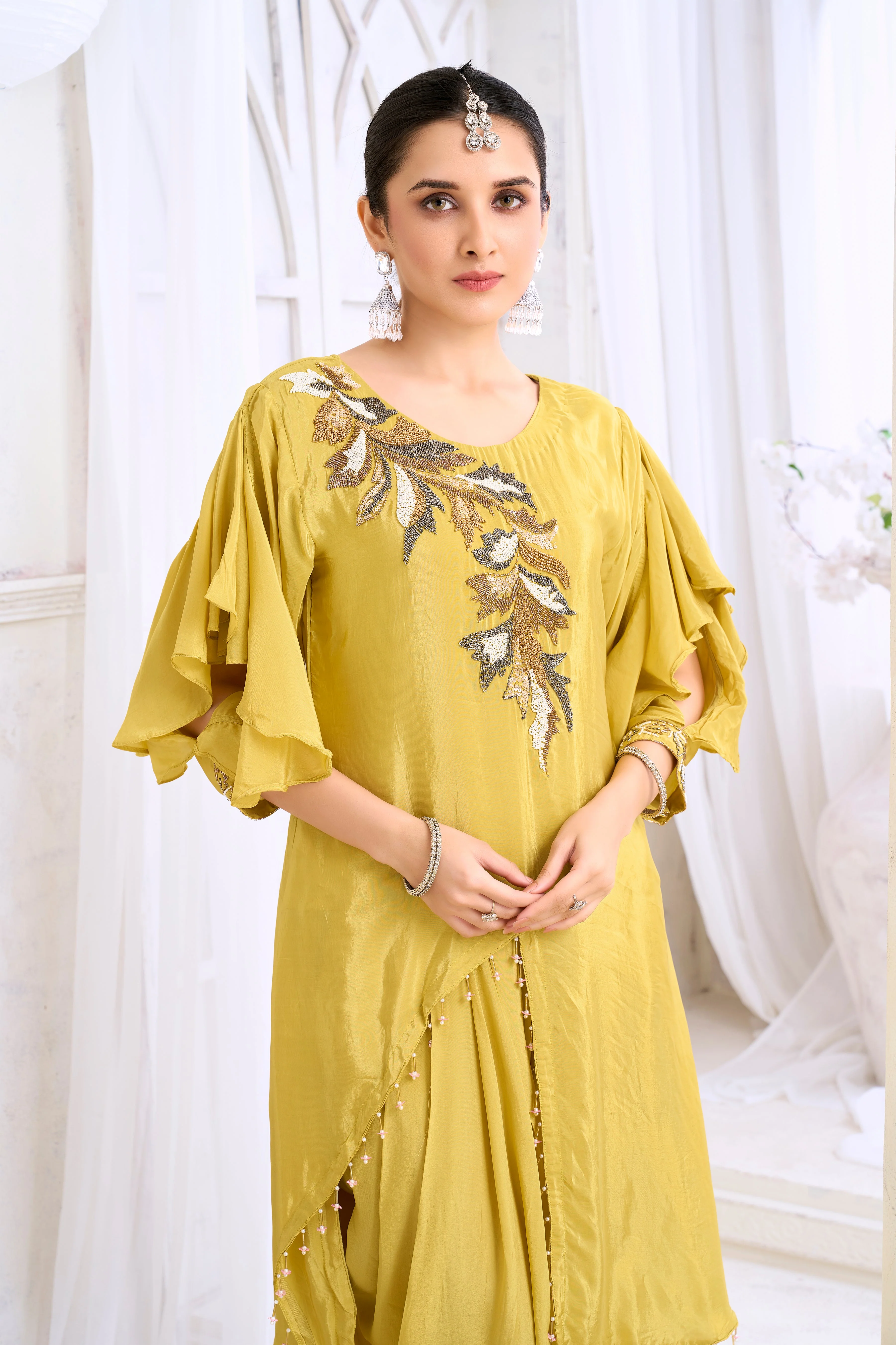 Ochre Yellow Embellished Crepe Silk Dhoti Set - Image 2