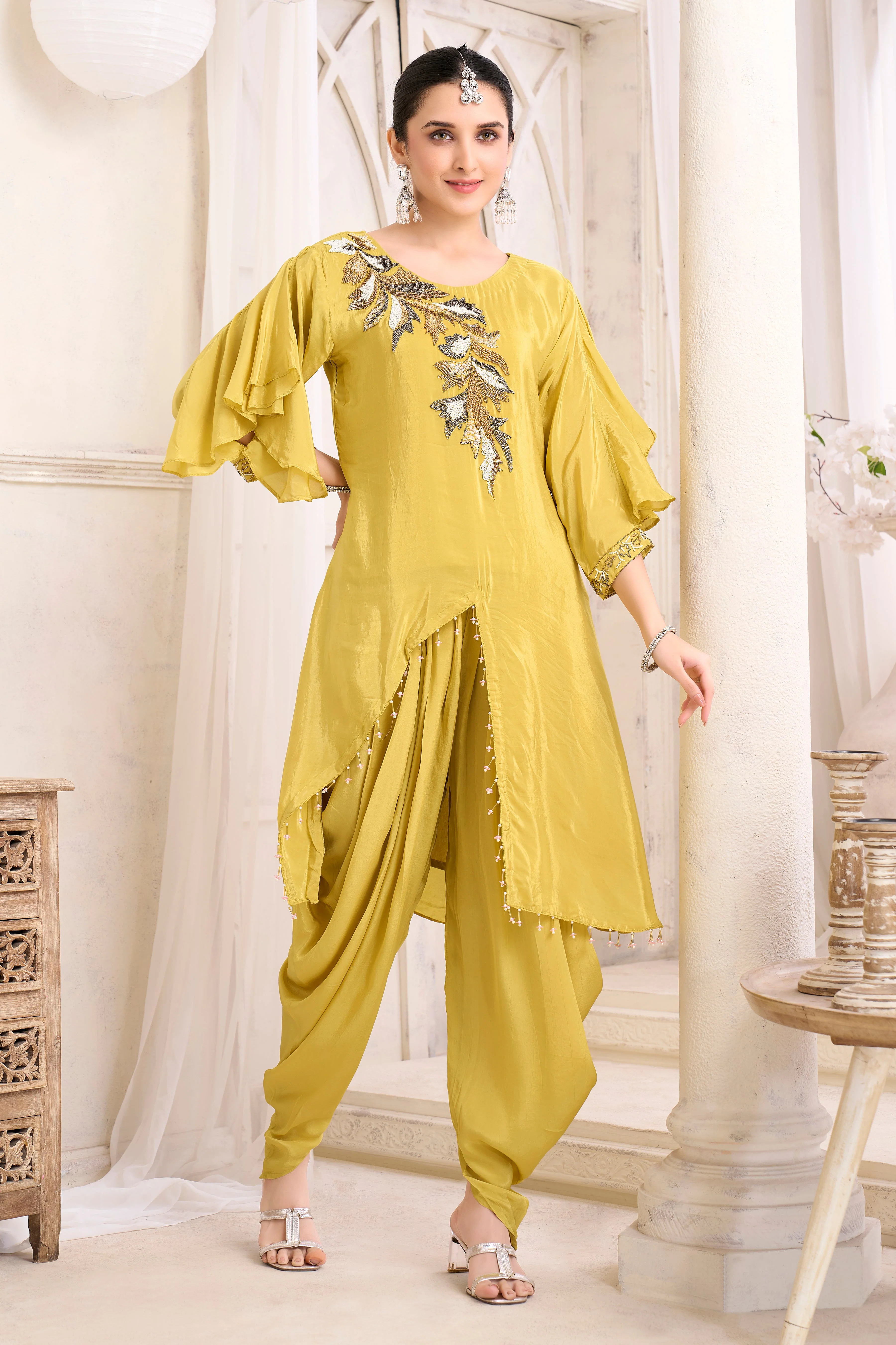 Ochre Yellow Embellished Crepe Silk Dhoti Set - Image 3