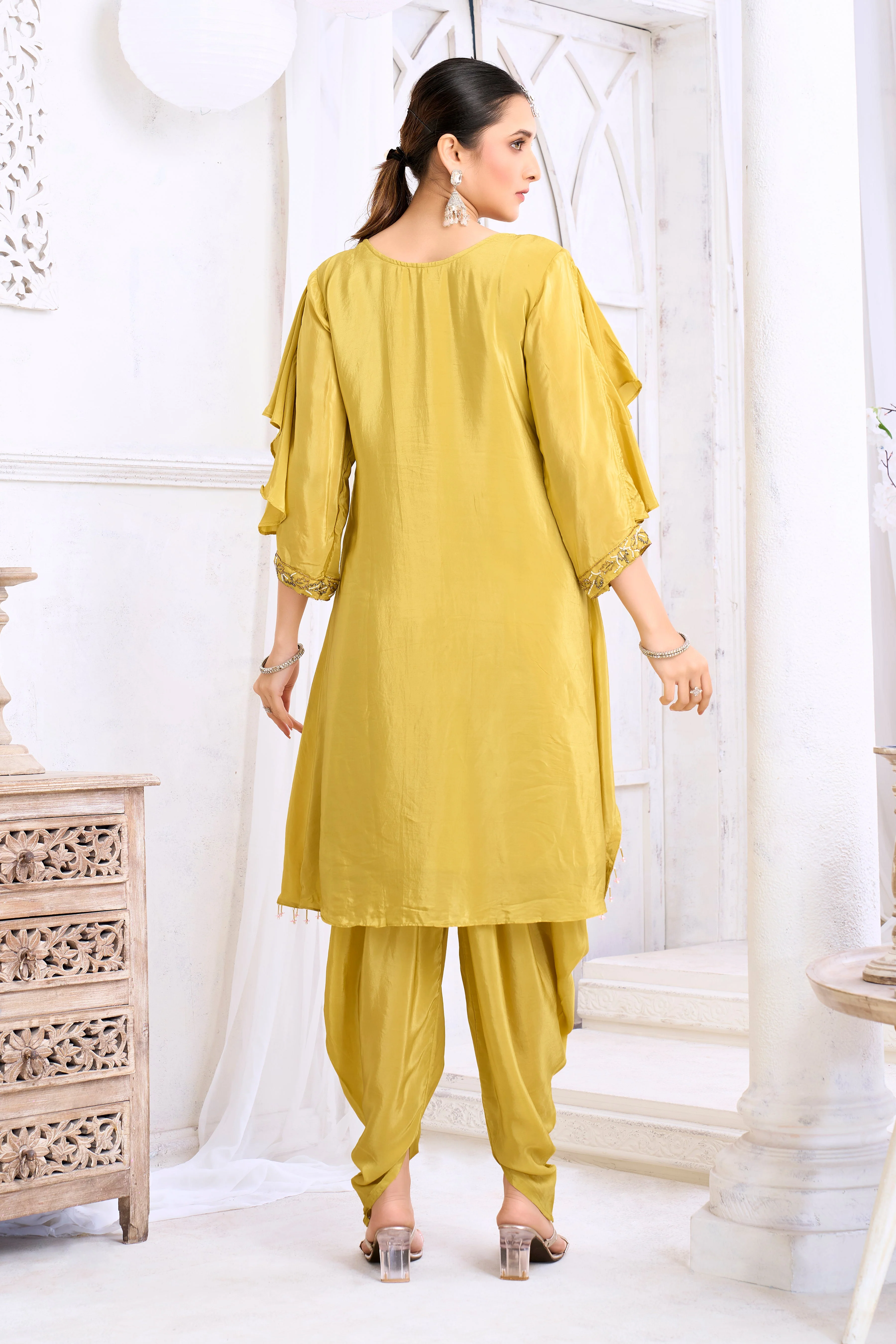 Ochre Yellow Embellished Crepe Silk Dhoti Set - Image 4