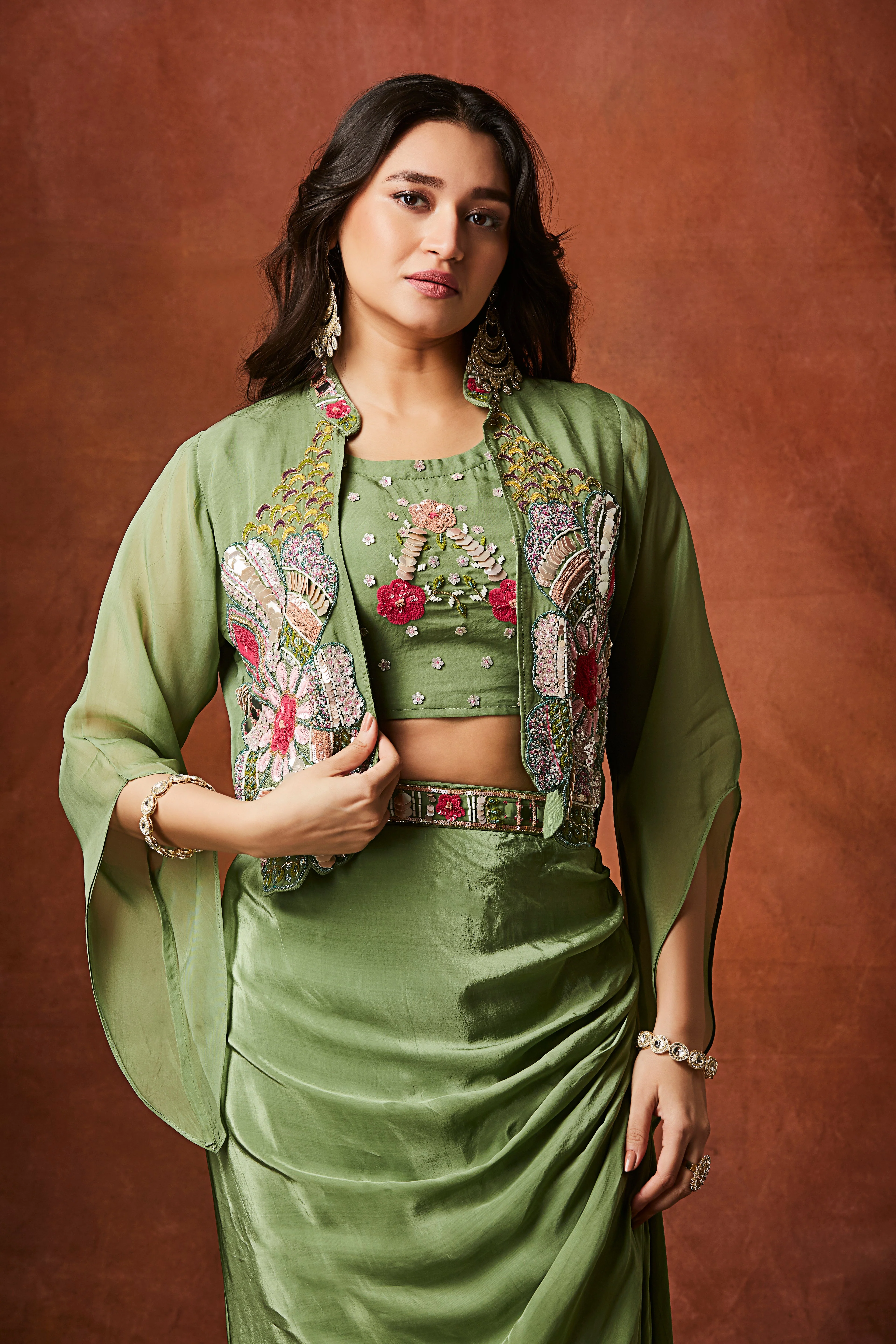 Sage Green Embellished Crepe Silk Skirt Set - Image 2