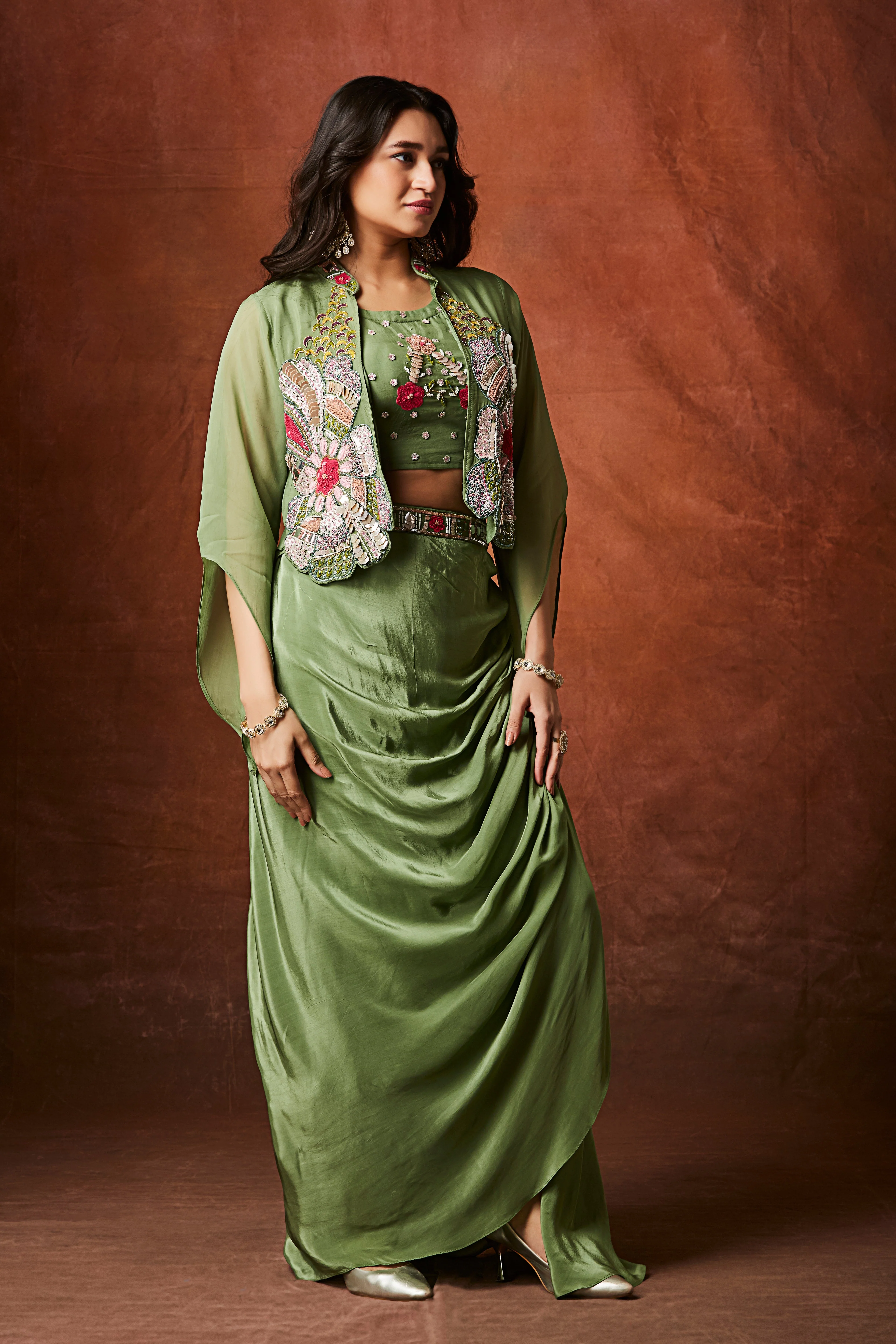Sage Green Embellished Crepe Silk Skirt Set - Image 3