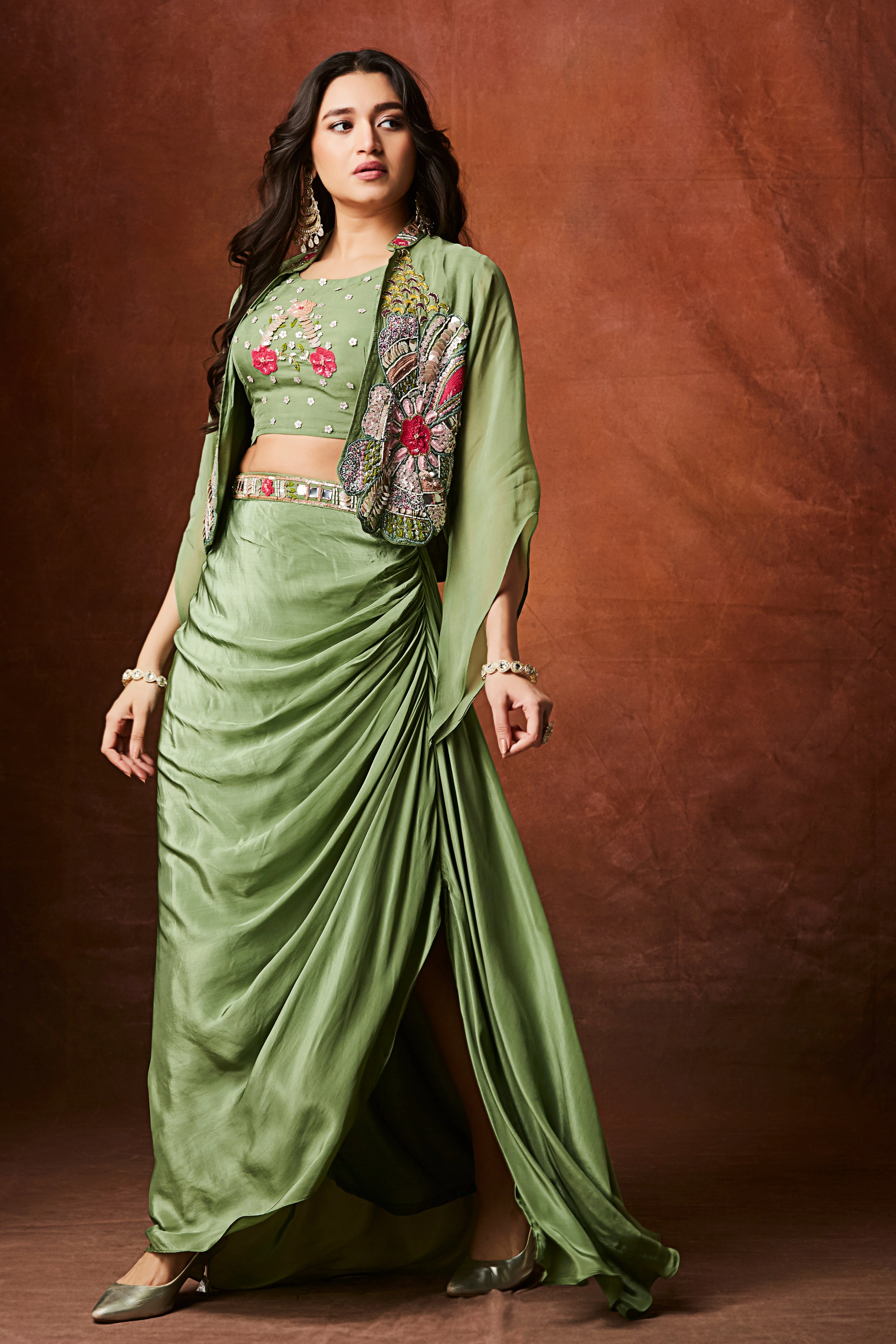 Sage Green Embellished Crepe Silk Skirt Set - Image 4