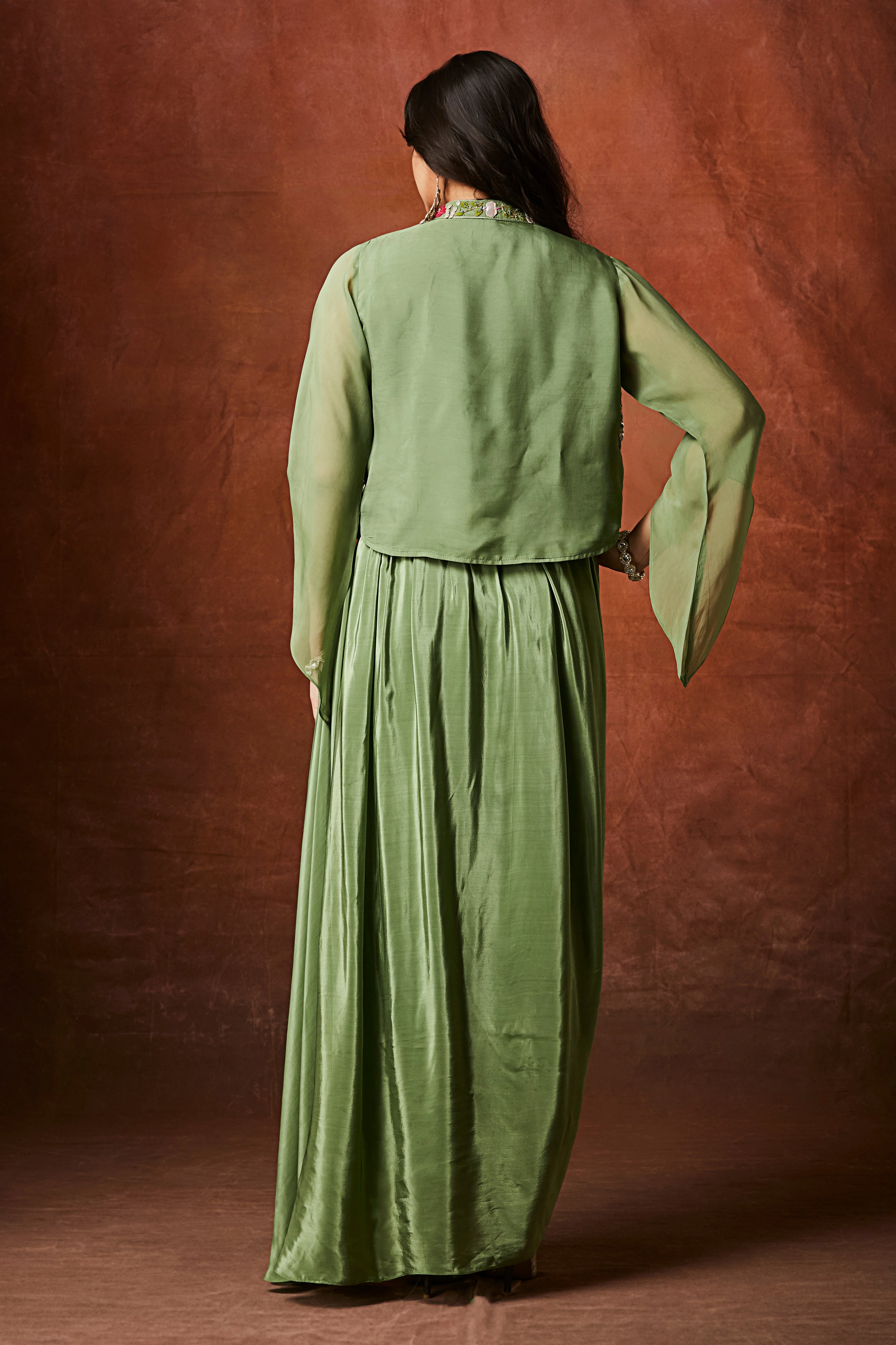 Sage Green Embellished Crepe Silk Skirt Set - Image 5
