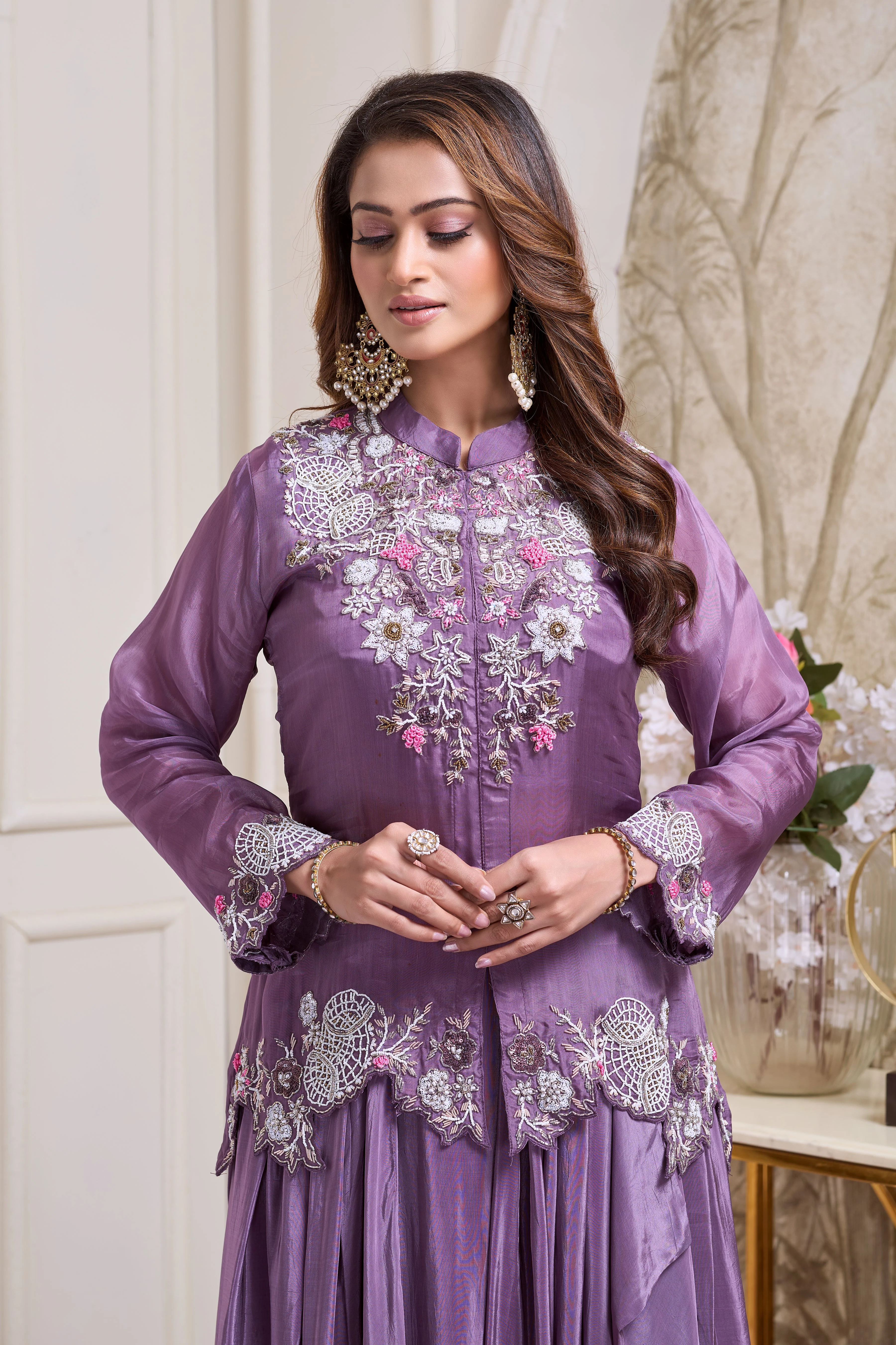 Royal Purple Embellished Crepe Silk Skirt Set - Image 2