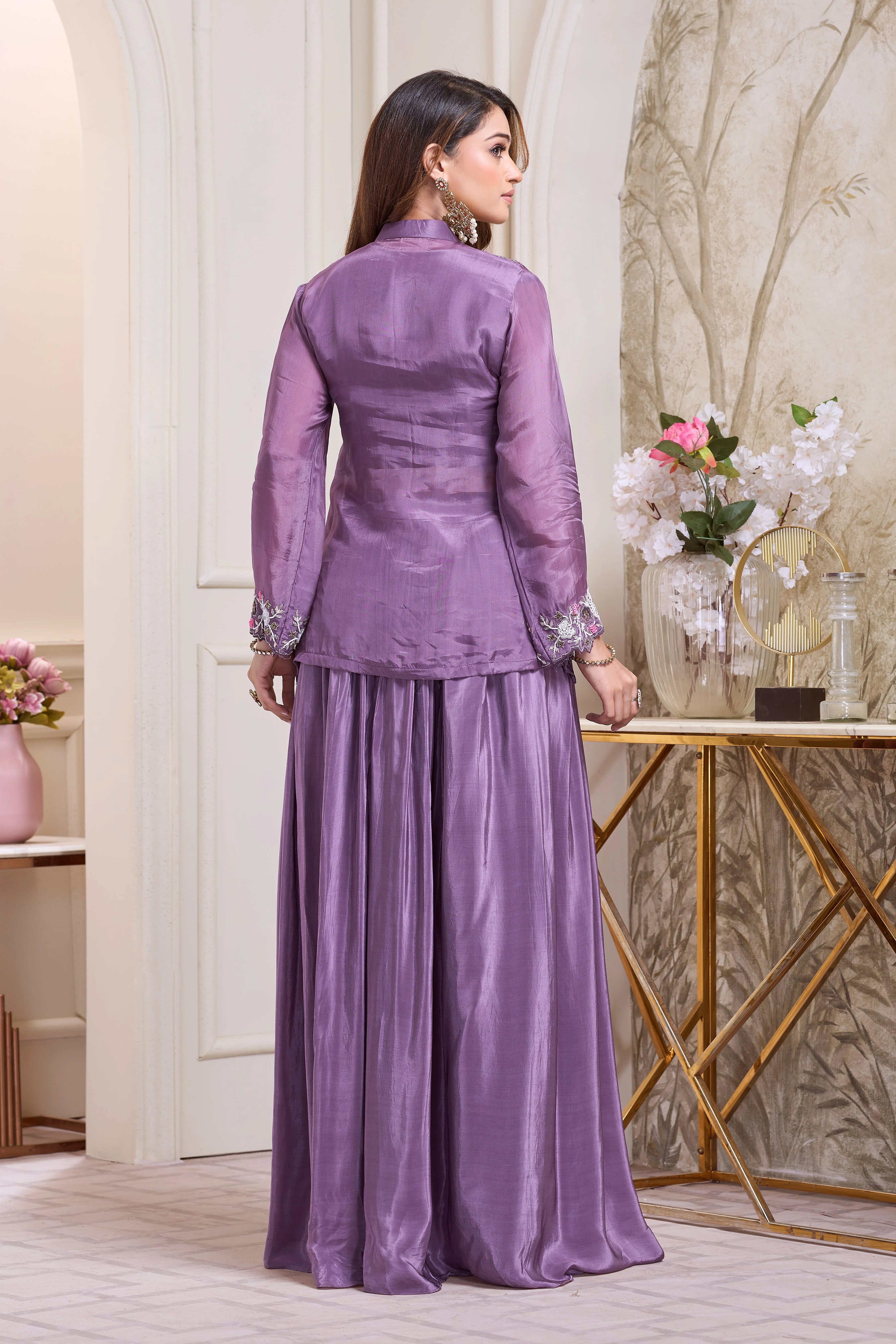 Royal Purple Embellished Crepe Silk Skirt Set - Image 3