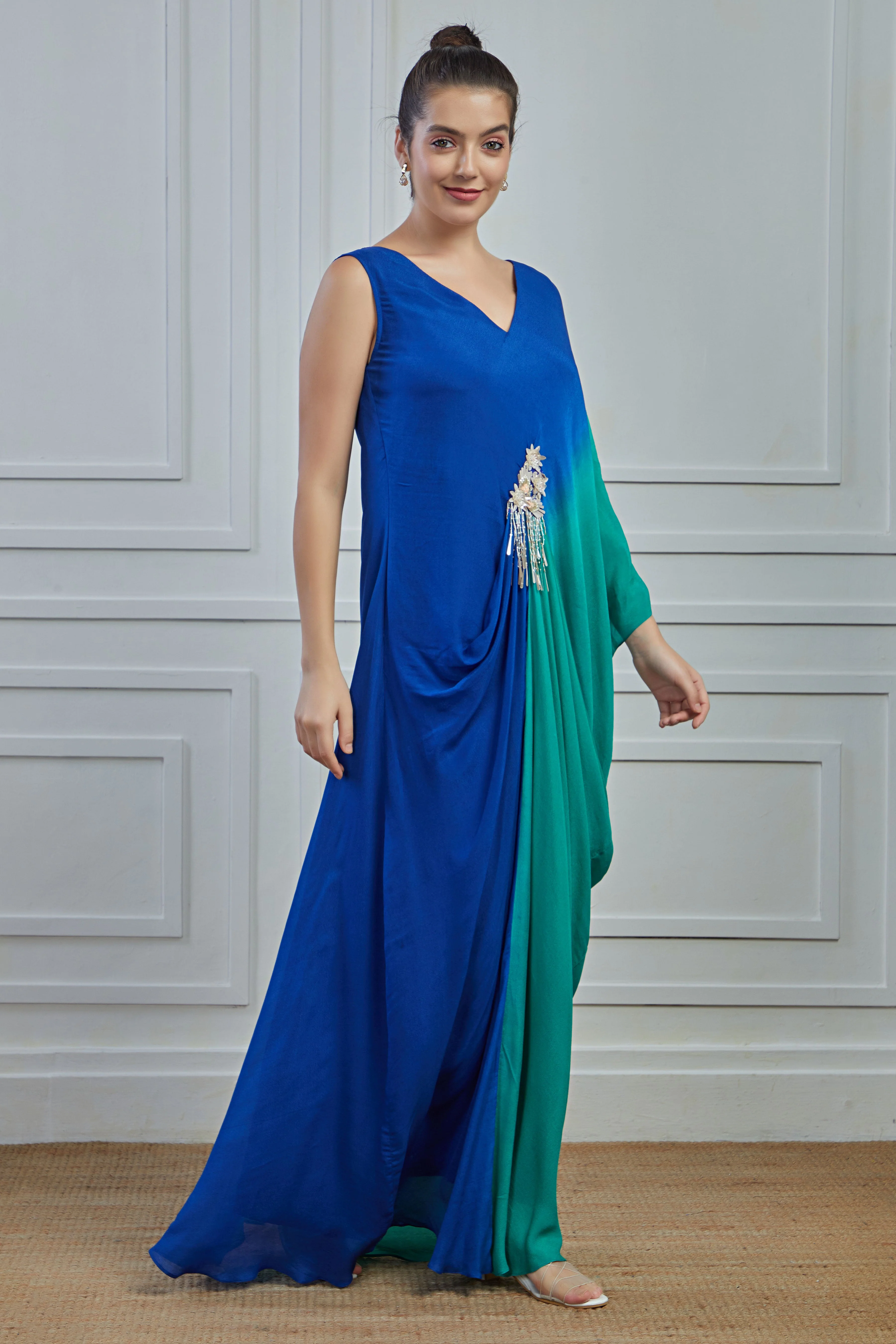 Blue Ombre-Dyed Crepe Silk Gown Dress - Image 3