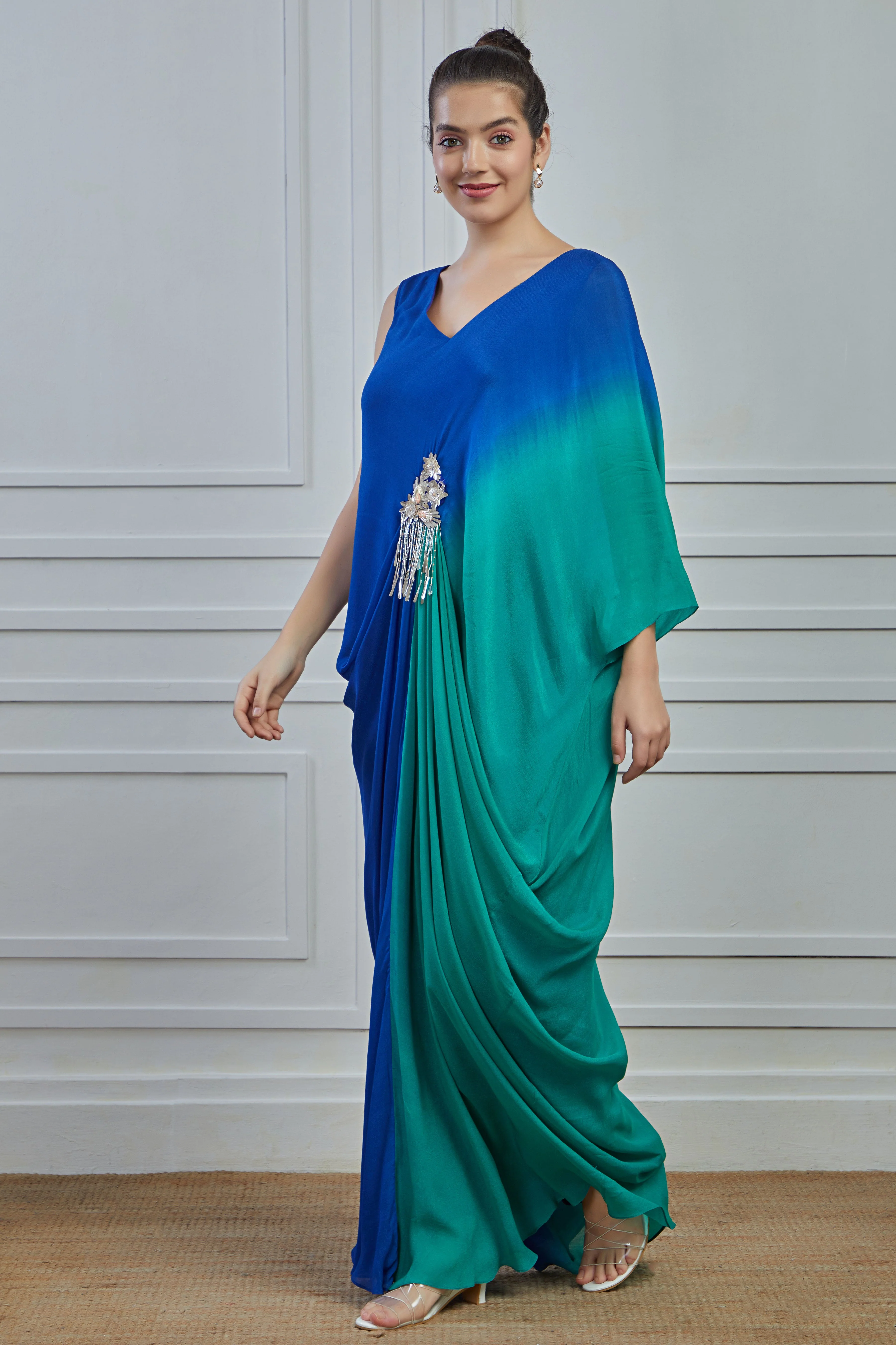 Blue Ombre-Dyed Crepe Silk Gown Dress - Image 4