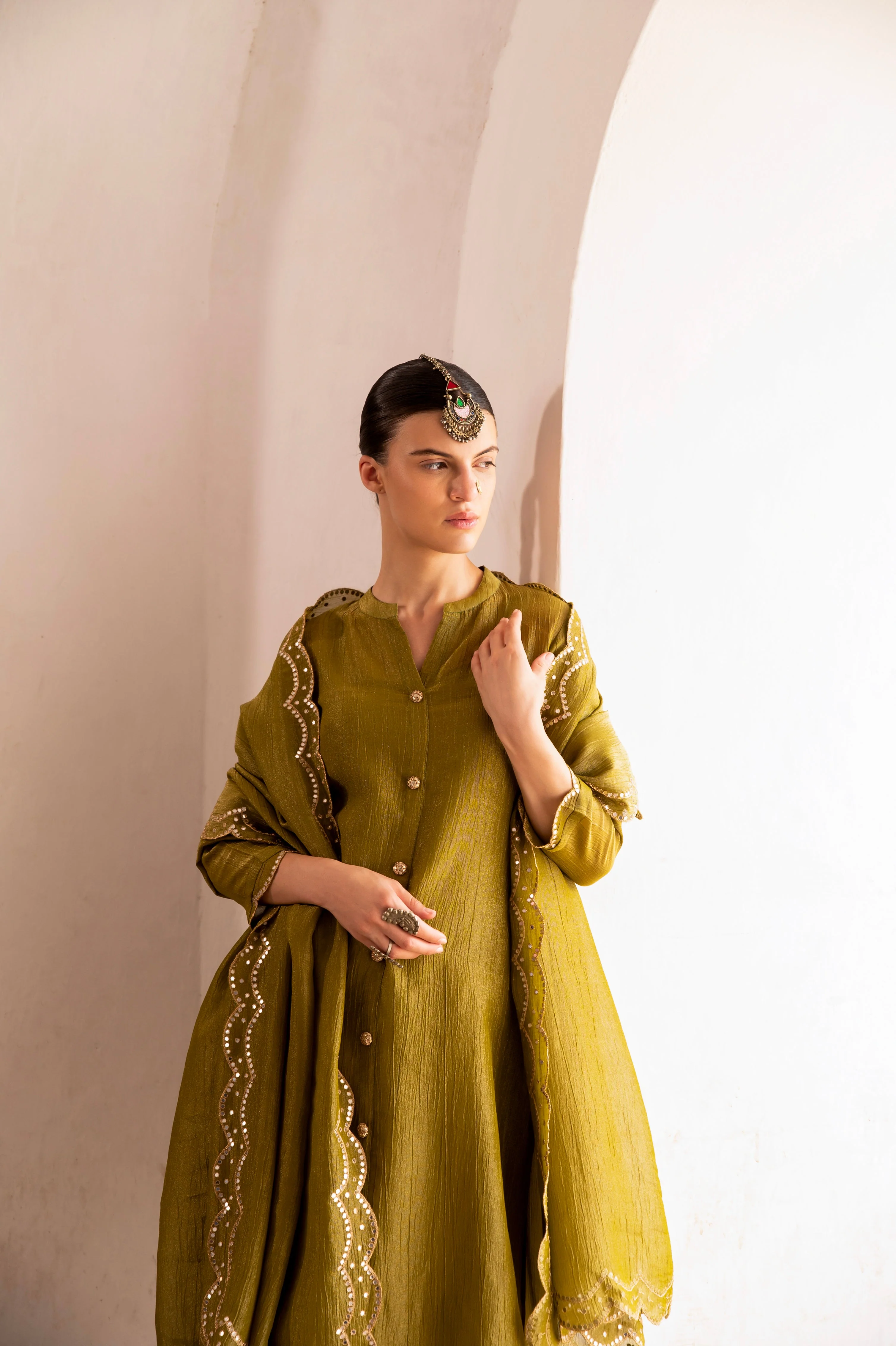 Sage Green Embellished Crushed Tissue Silk Pant Set - Image 2