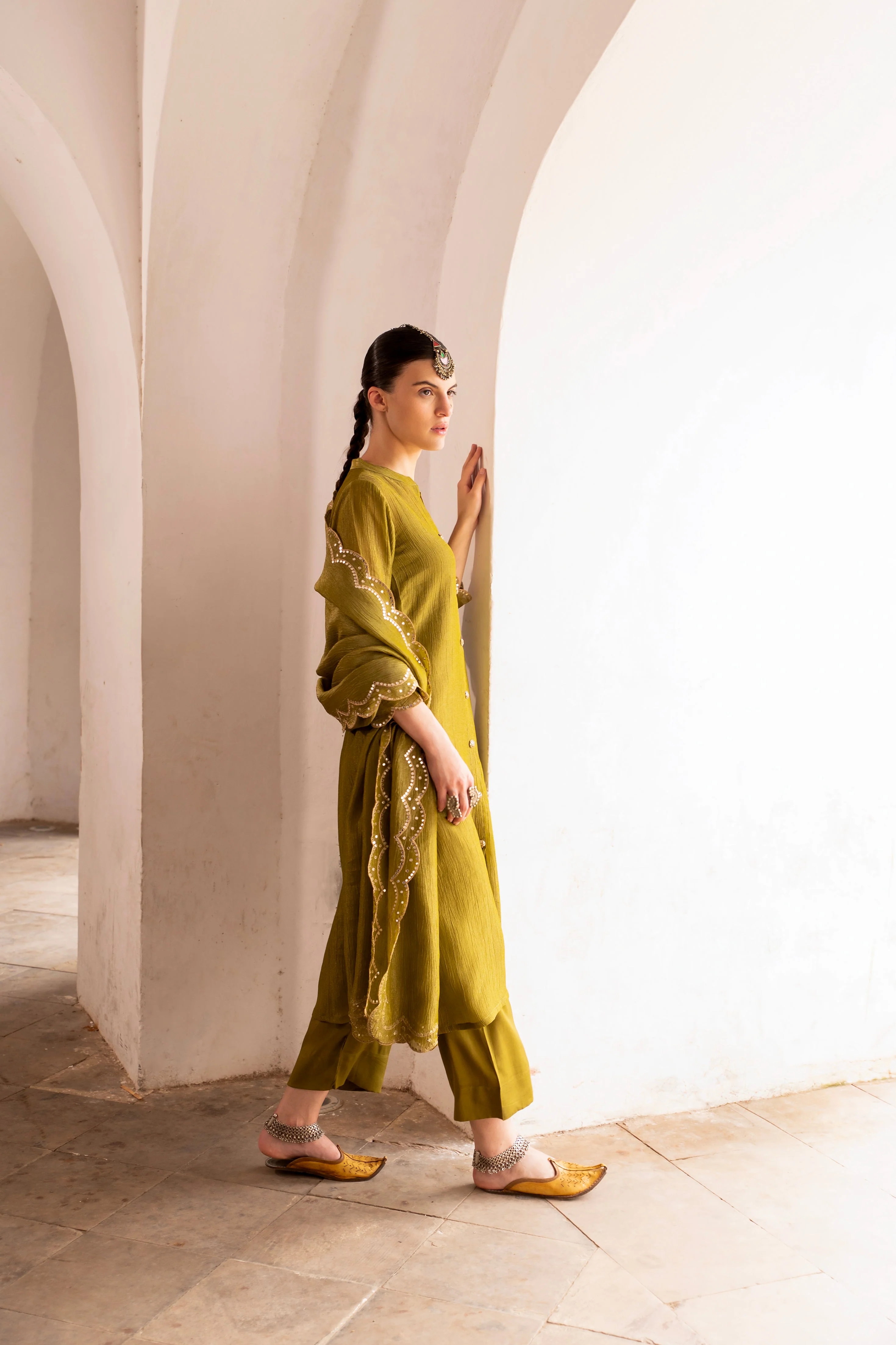 Sage Green Embellished Crushed Tissue Silk Pant Set - Image 3