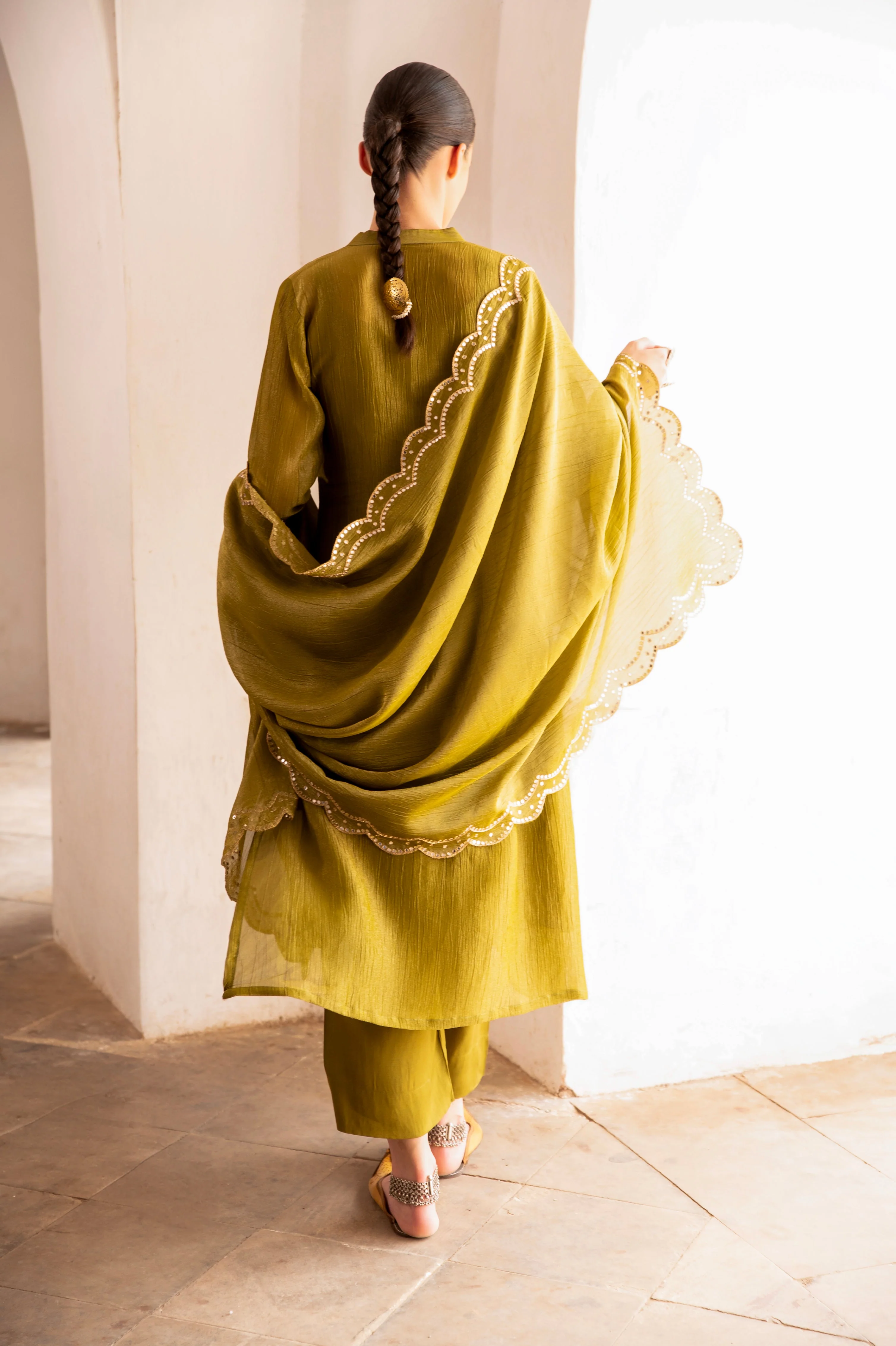 Sage Green Embellished Crushed Tissue Silk Pant Set - Image 4