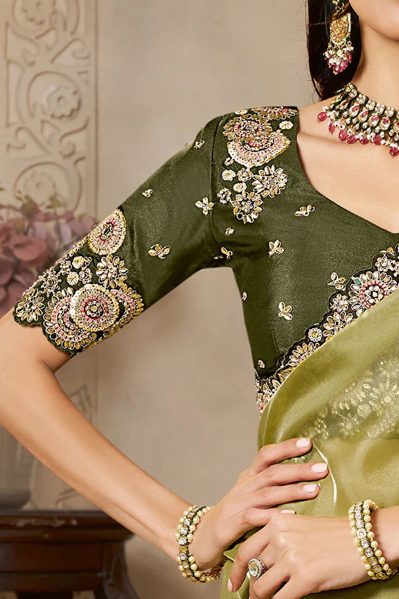 Mehendi Green Embellished Organza Satin Saree - Image 2