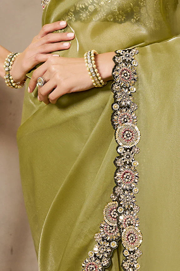 Mehendi Green Embellished Organza Satin Saree - Image 3
