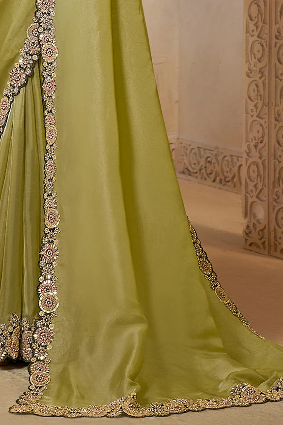 Mehendi Green Embellished Organza Satin Saree - Image 4