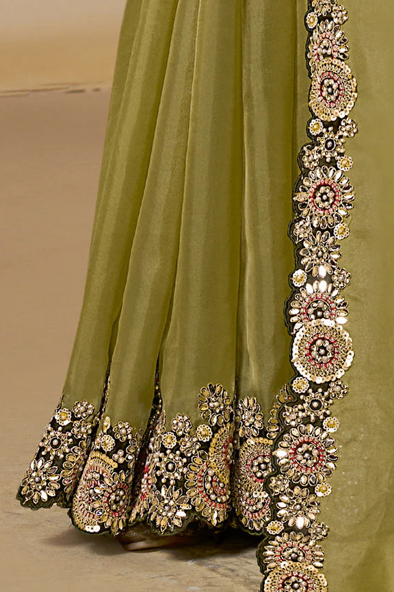 Mehendi Green Embellished Organza Satin Saree - Image 5