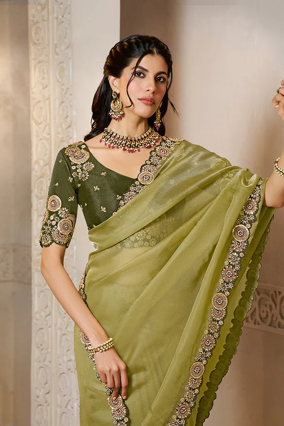 Mehendi Green Embellished Organza Satin Saree - Image 6