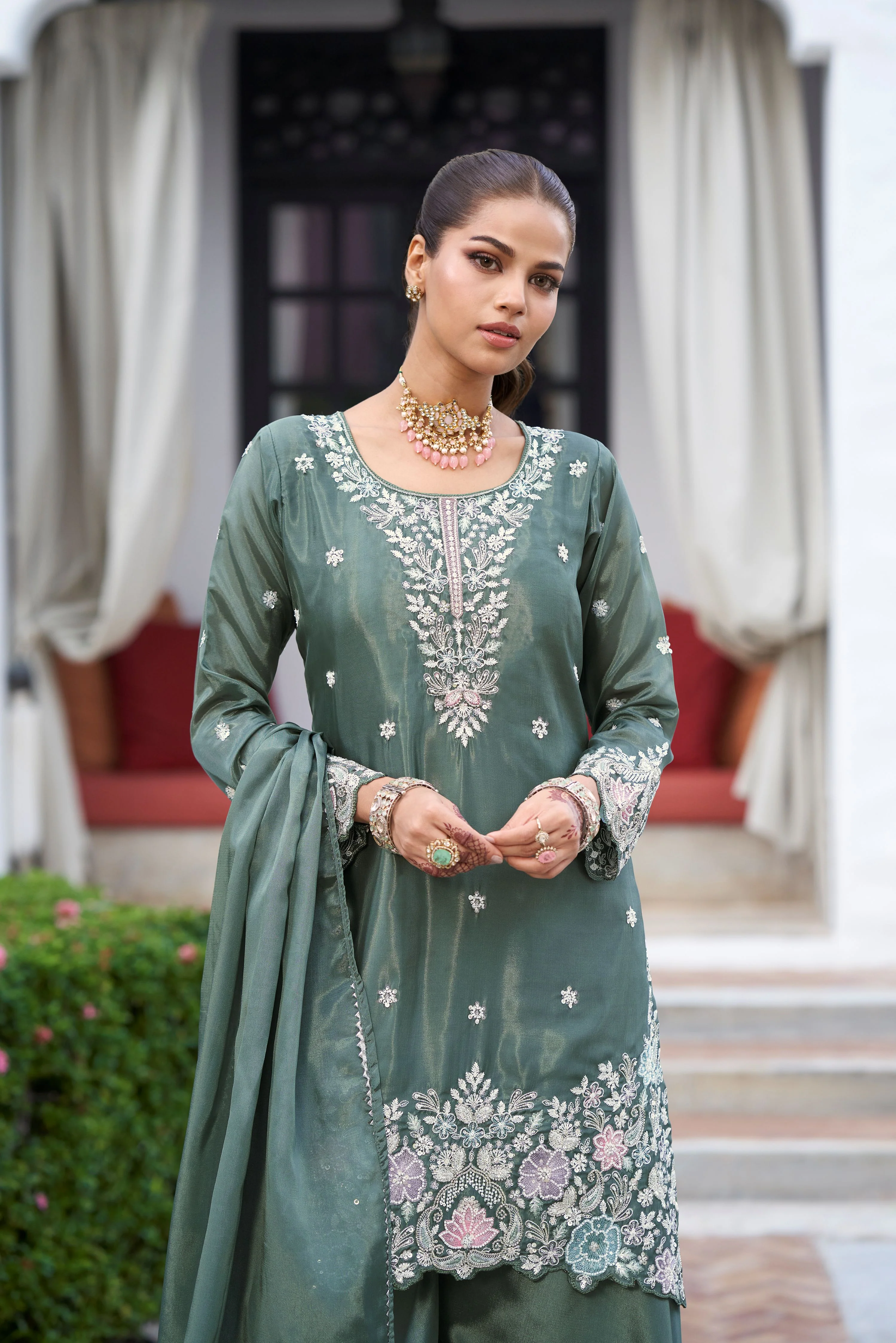 Sage Green Embellished Premium Silk Palazzo Set - Image 2