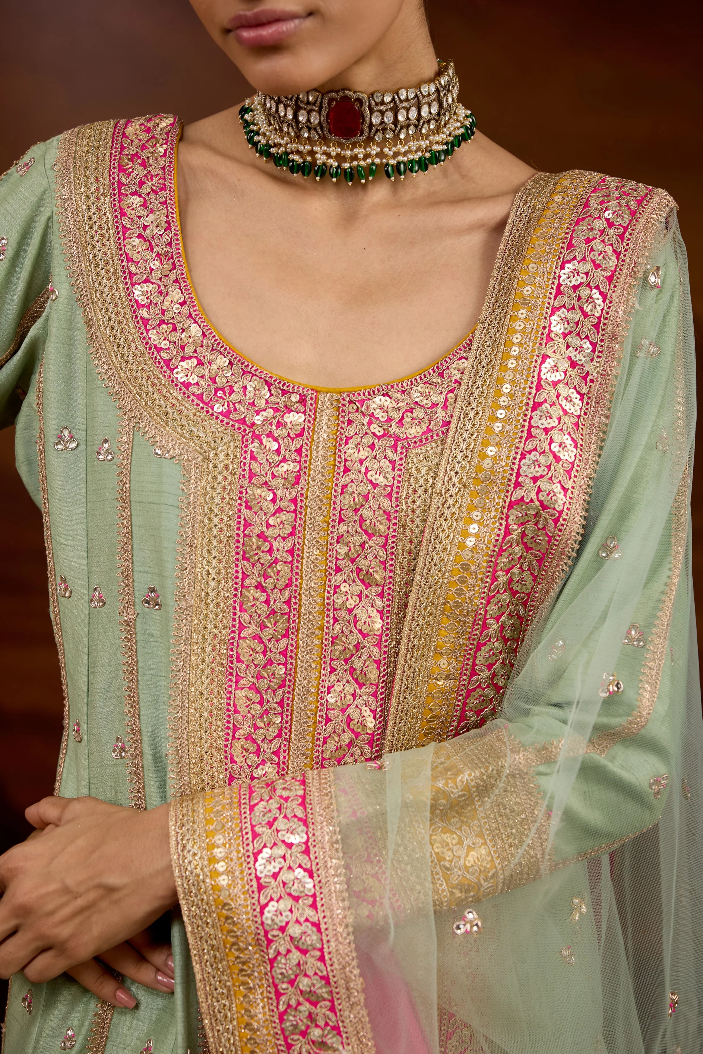 Sage Green Embellished Raw Silk Anarkali Set - Image 2