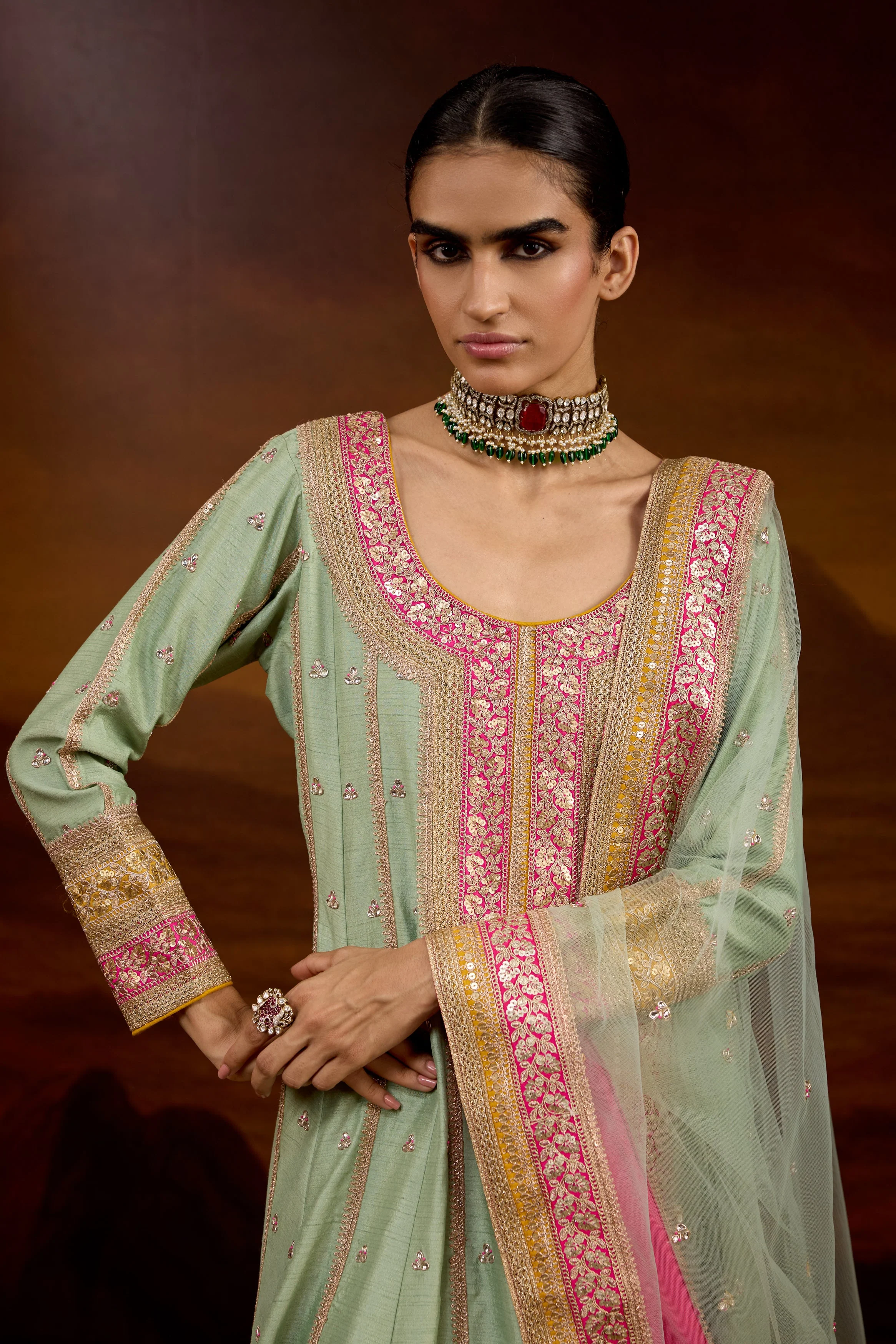 Sage Green Embellished Raw Silk Anarkali Set - Image 3
