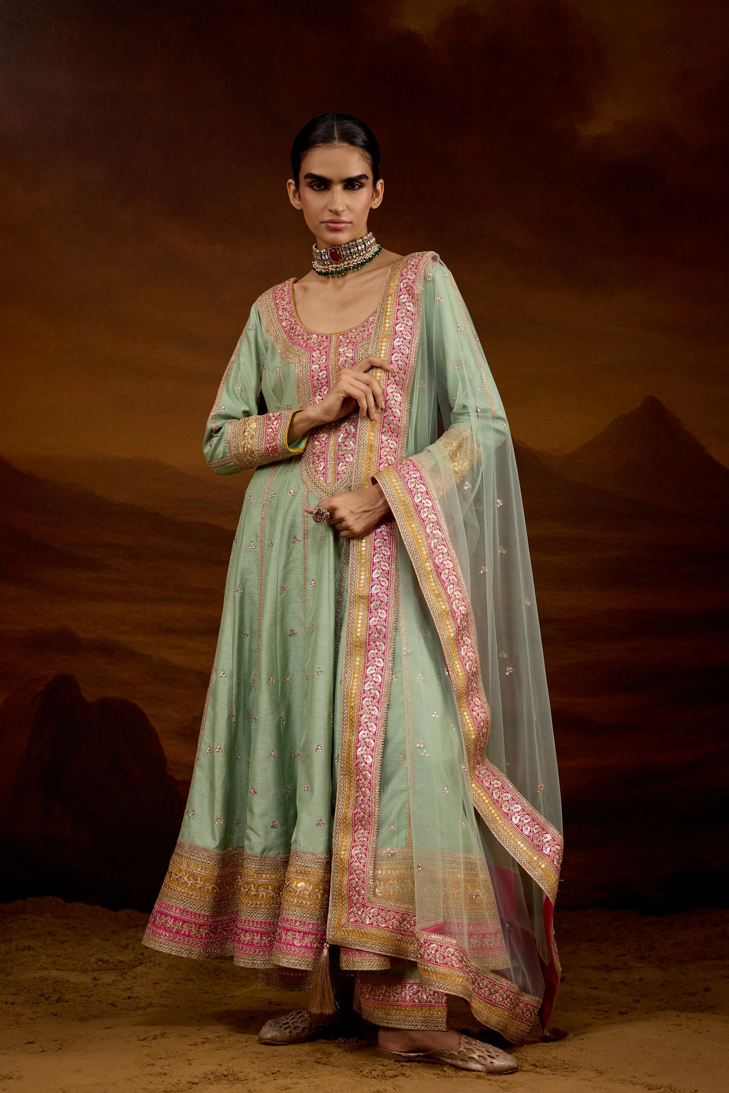 Sage Green Embellished Raw Silk Anarkali Set - Image 4