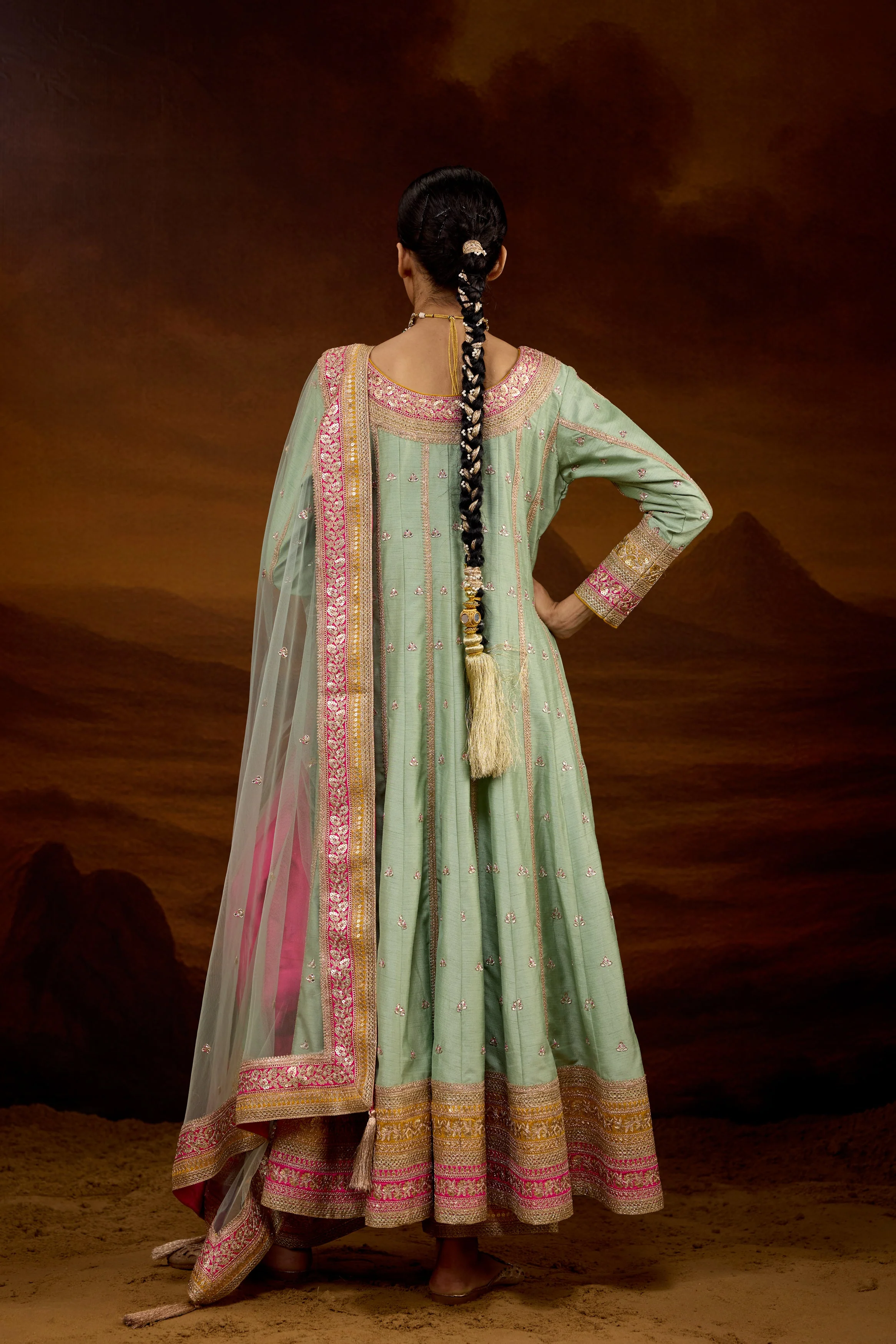 Sage Green Embellished Raw Silk Anarkali Set - Image 5