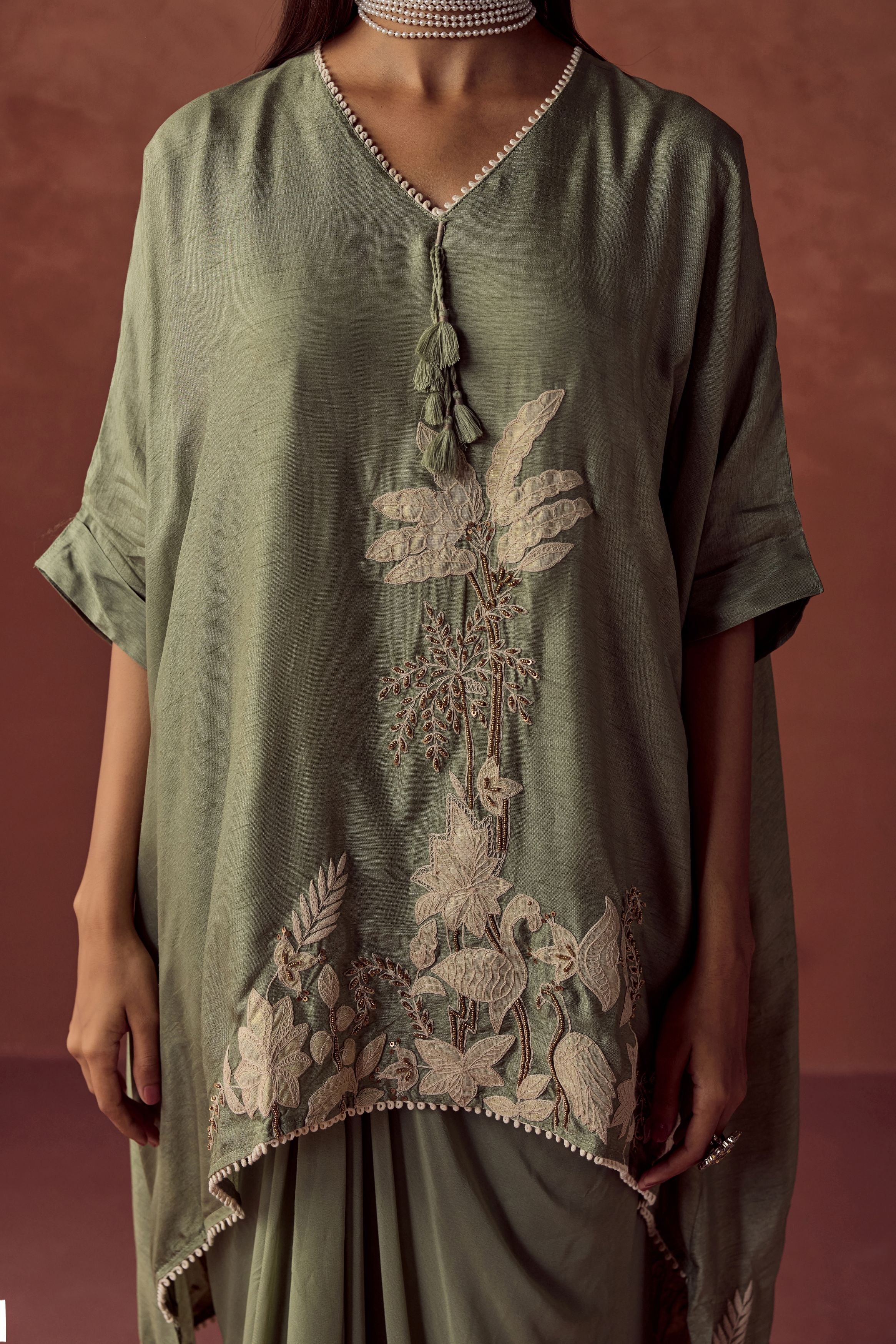 Sage Green Embroidered Raw Silk Kaftan Set - Image 2