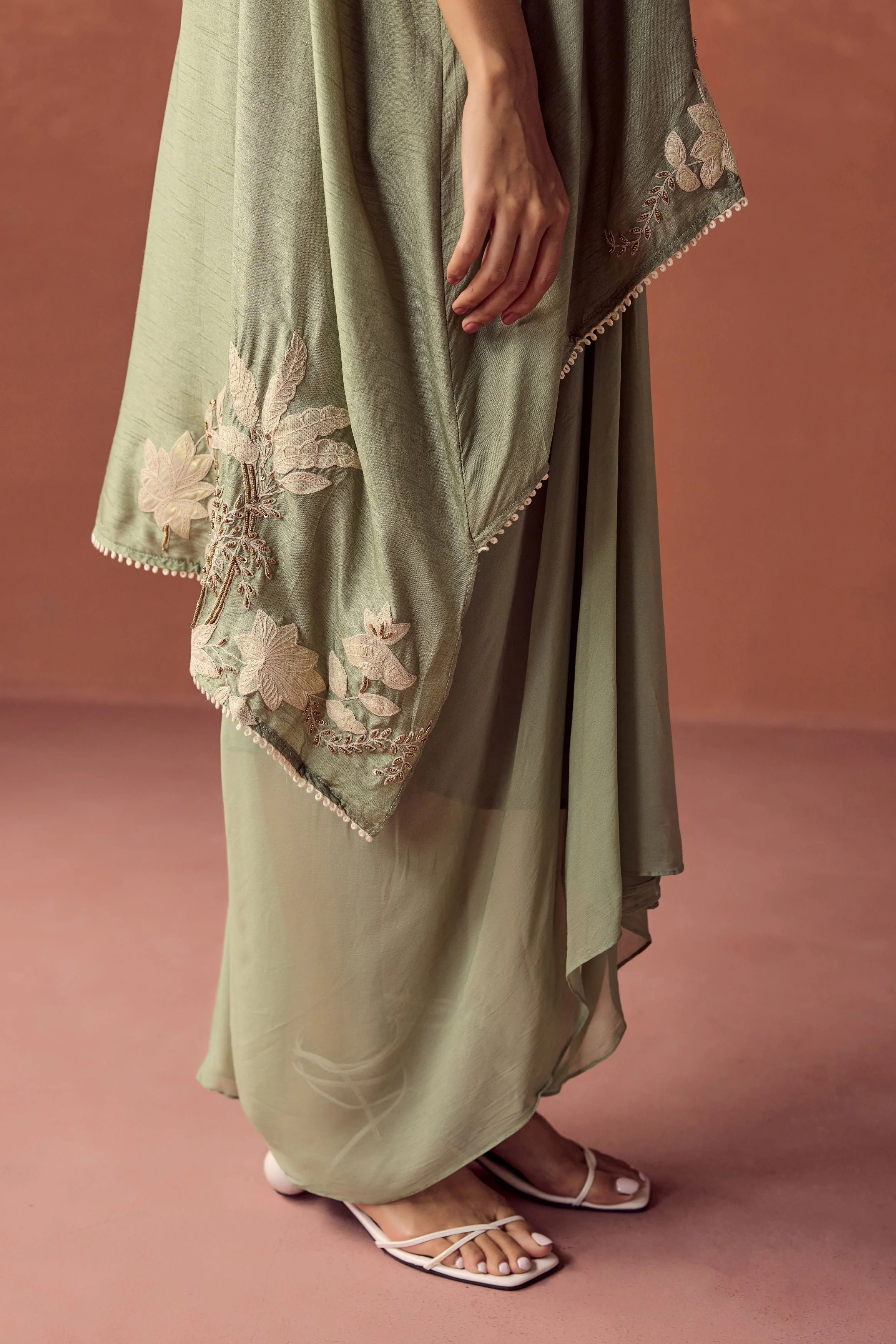Sage Green Embroidered Raw Silk Kaftan Set - Image 3
