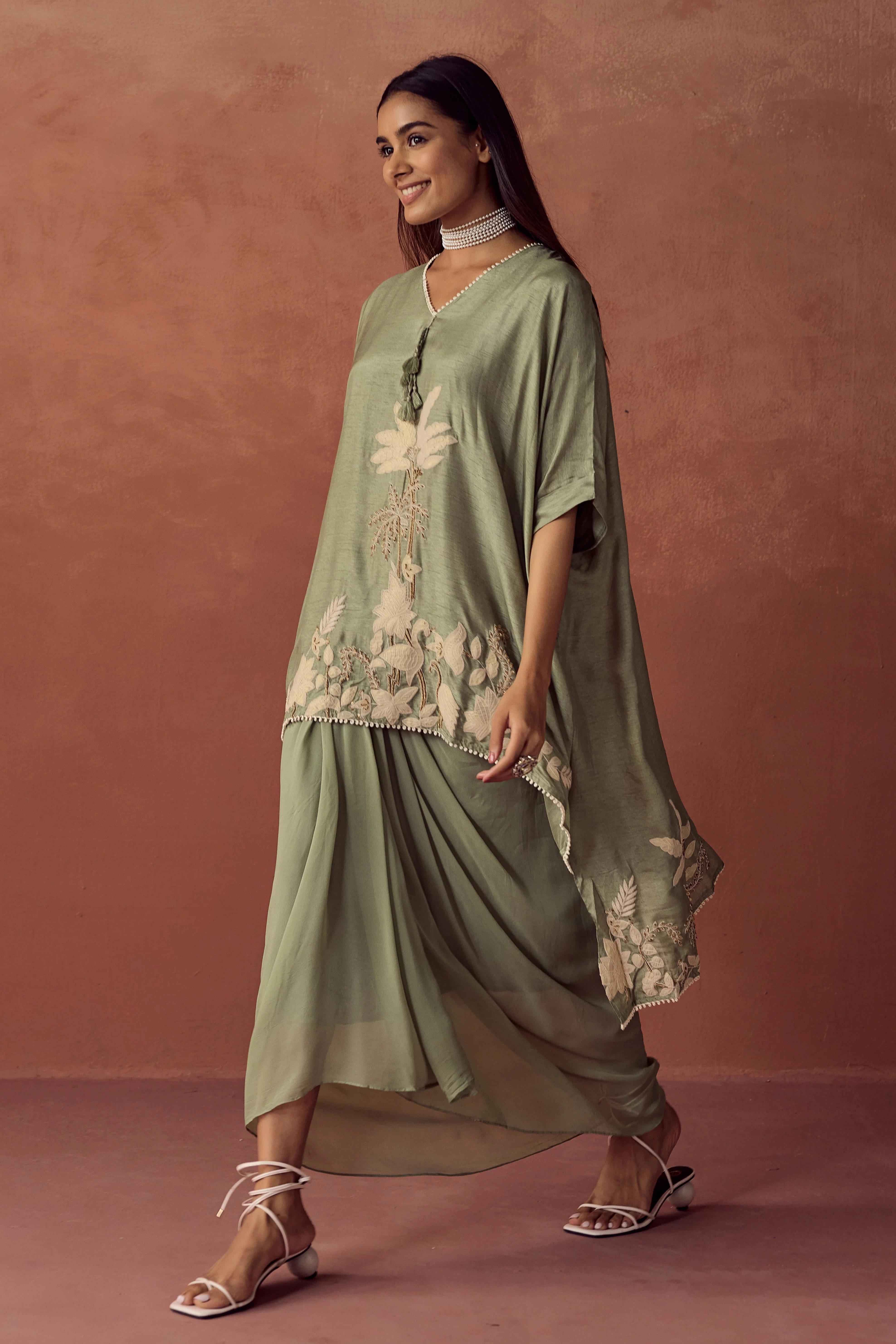 Sage Green Embroidered Raw Silk Kaftan Set - Image 4