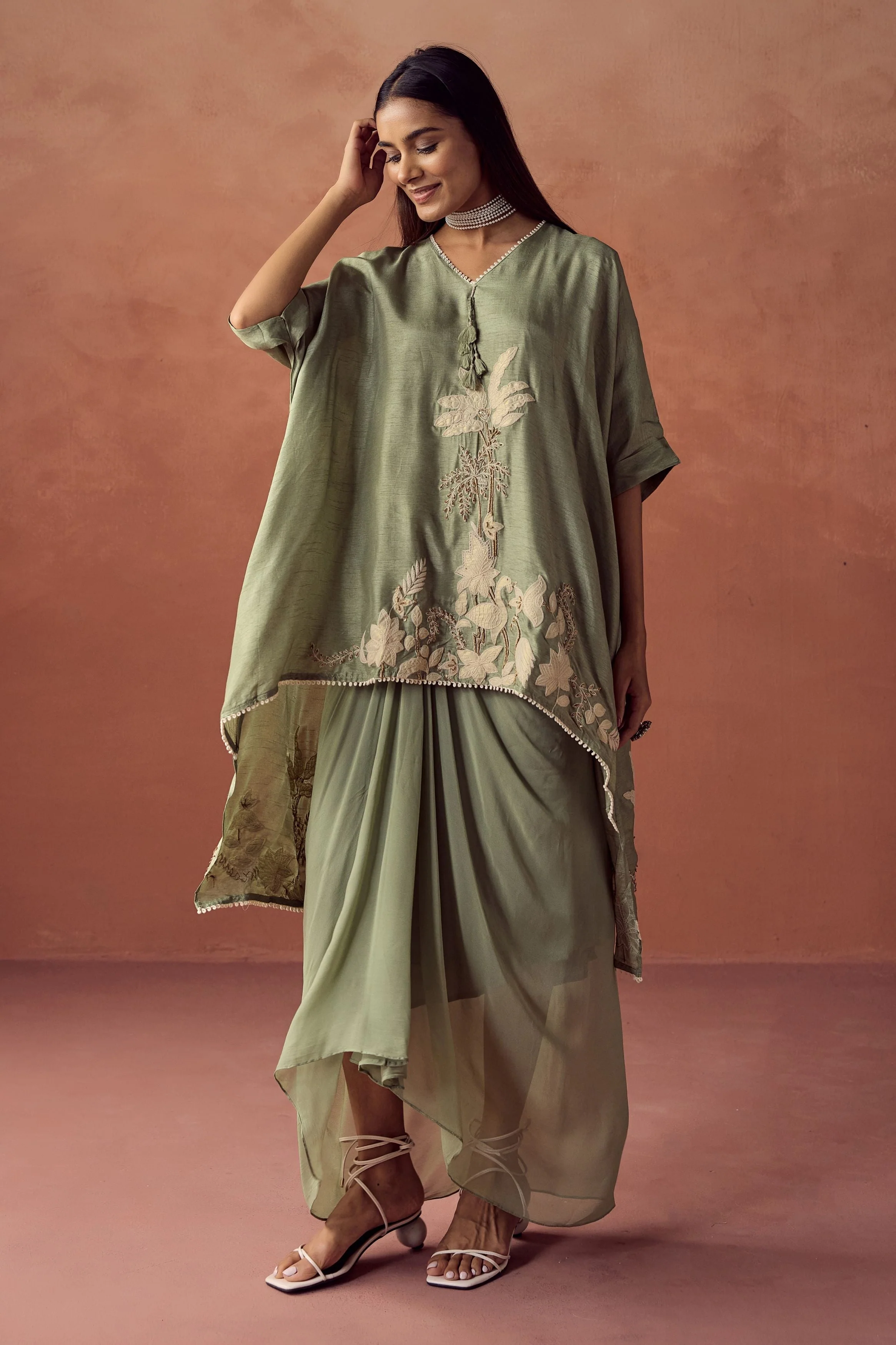 Sage Green Embroidered Raw Silk Kaftan Set - Image 5