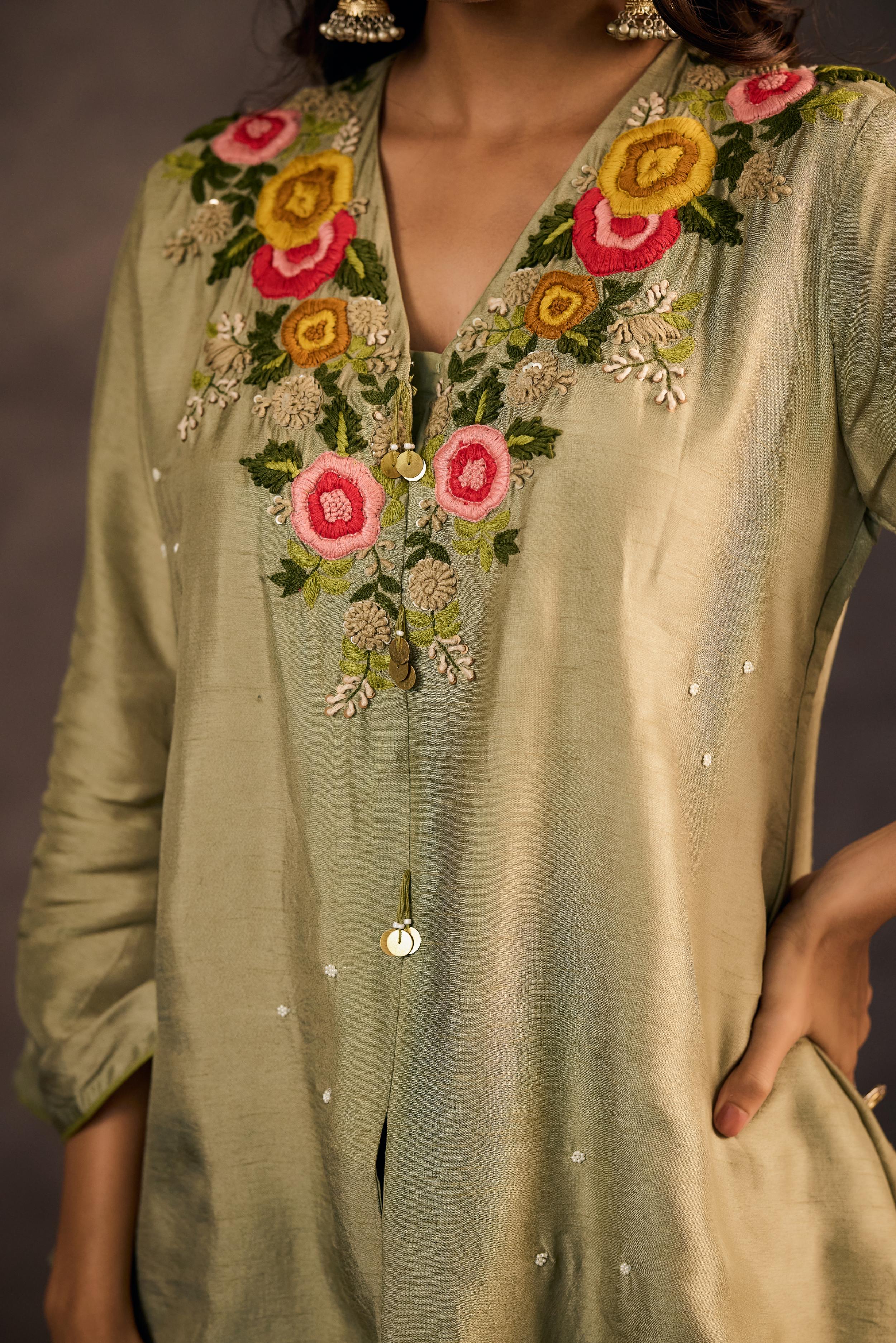 Sage Green Embroidered Raw Silk Skirt Set - Image 2