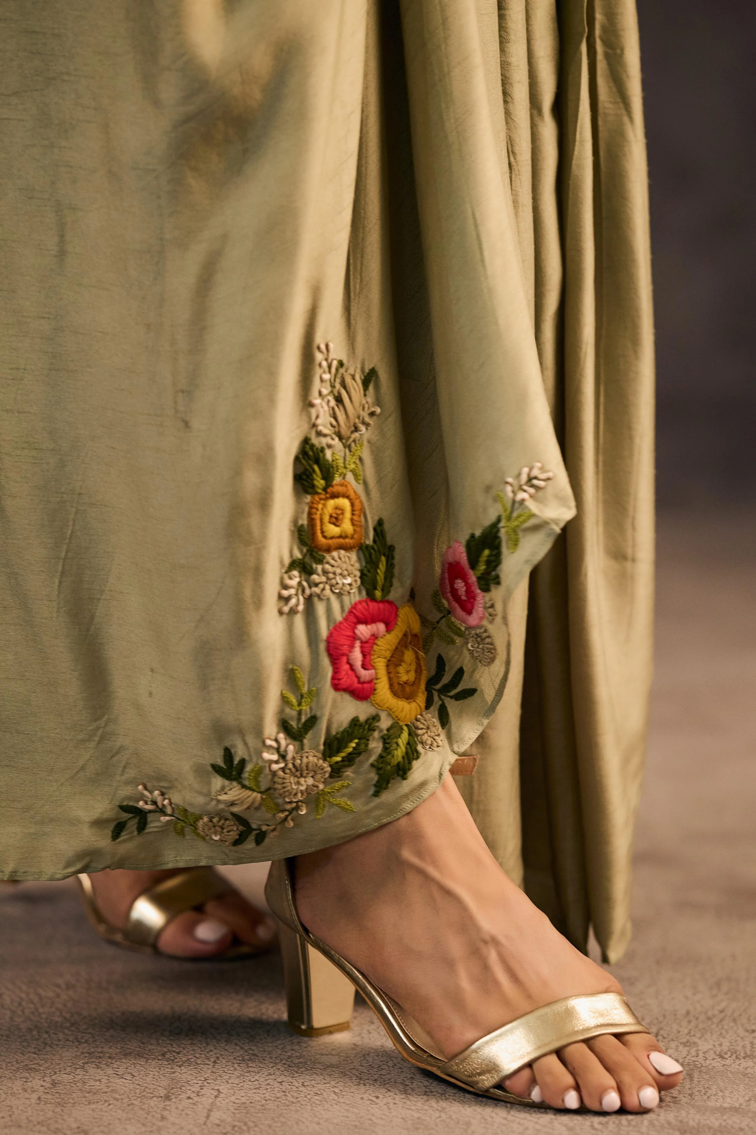 Sage Green Embroidered Raw Silk Skirt Set - Image 3