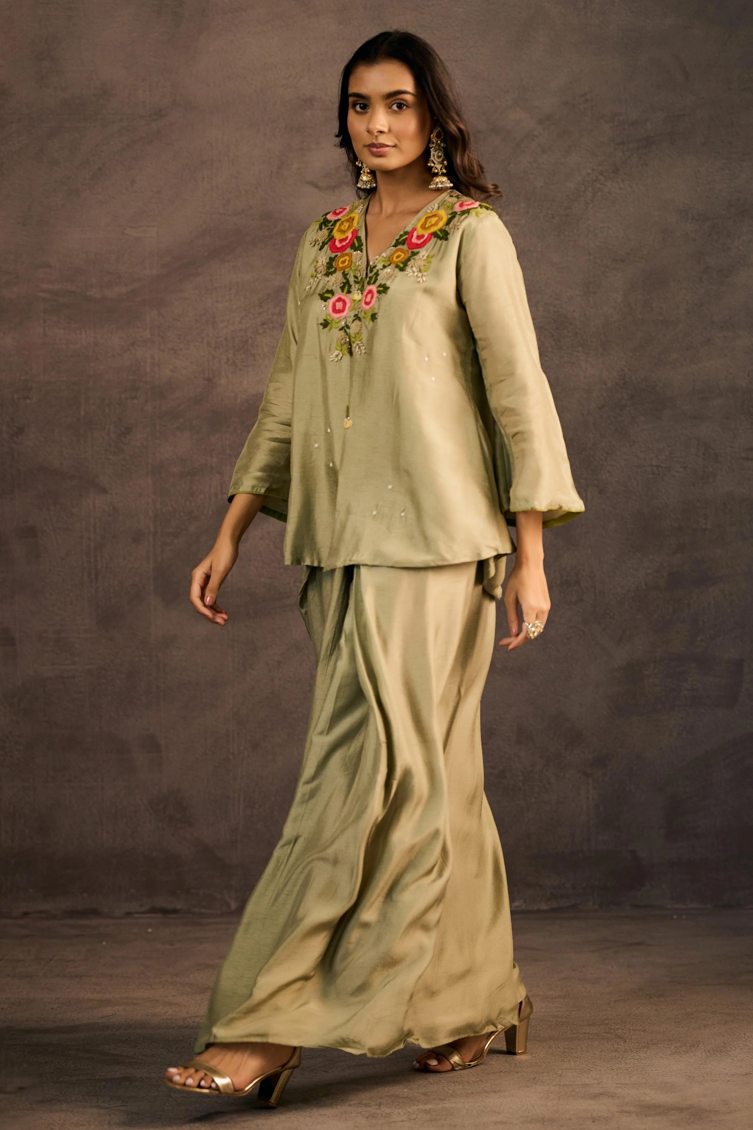 Sage Green Embroidered Raw Silk Skirt Set - Image 4