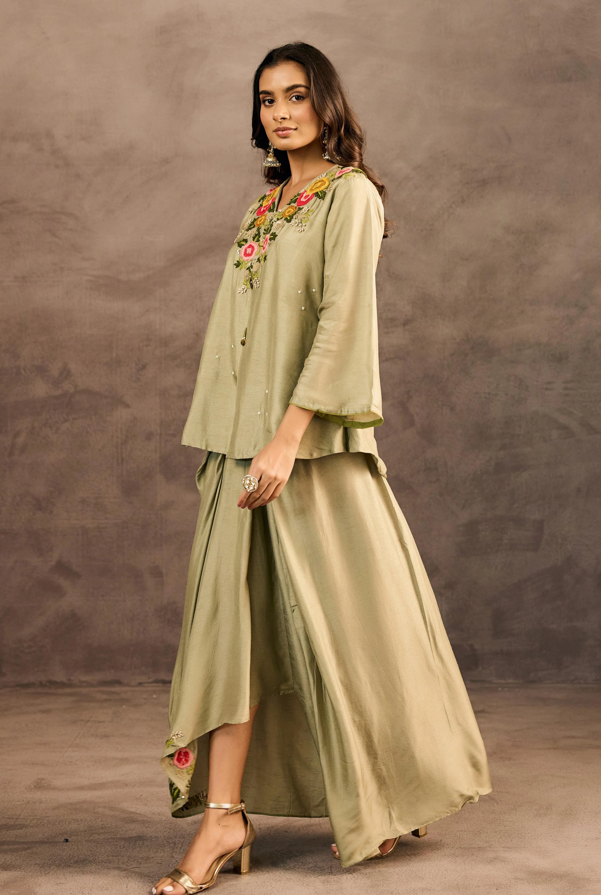 Sage Green Embroidered Raw Silk Skirt Set - Image 5