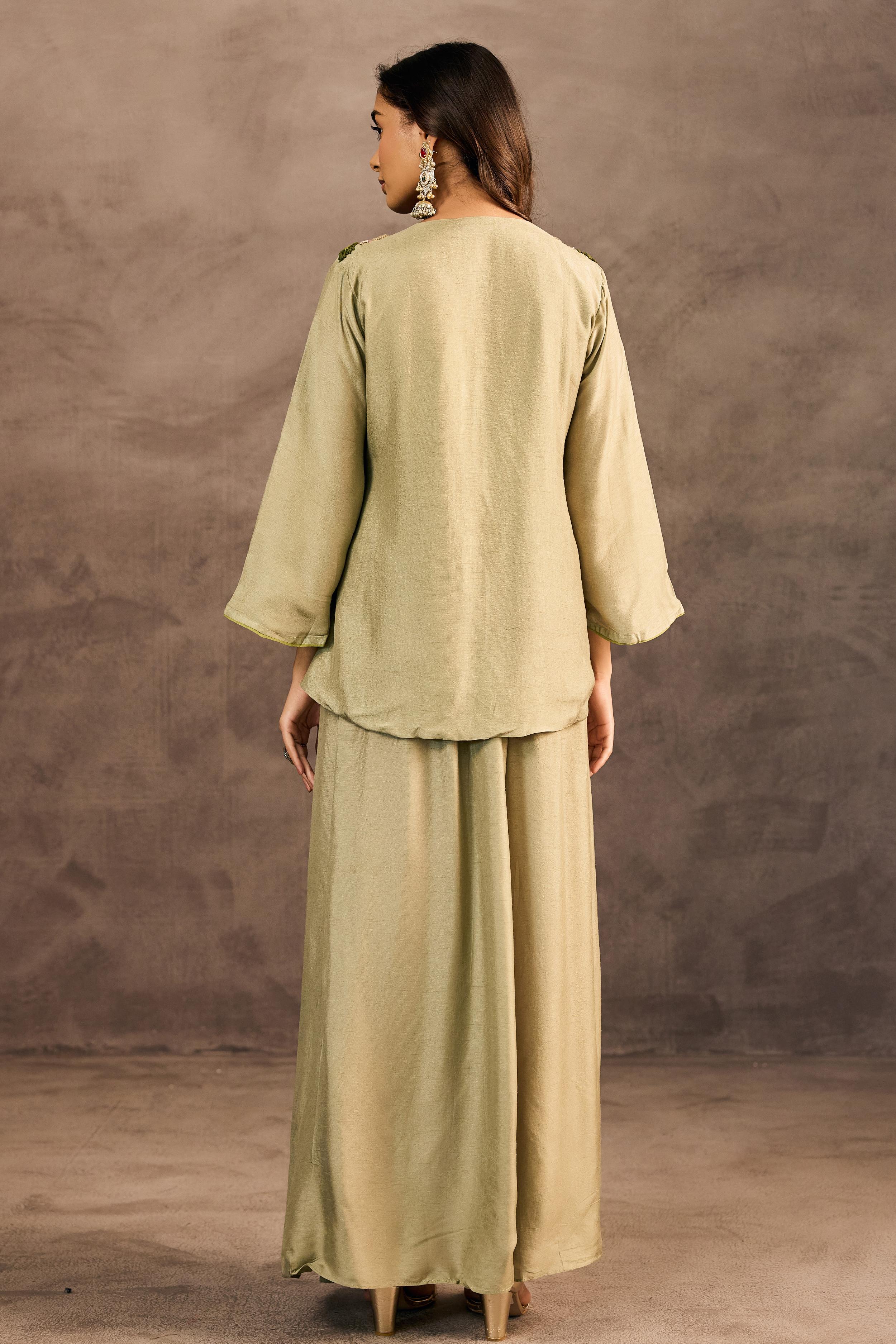 Sage Green Embroidered Raw Silk Skirt Set - Image 6