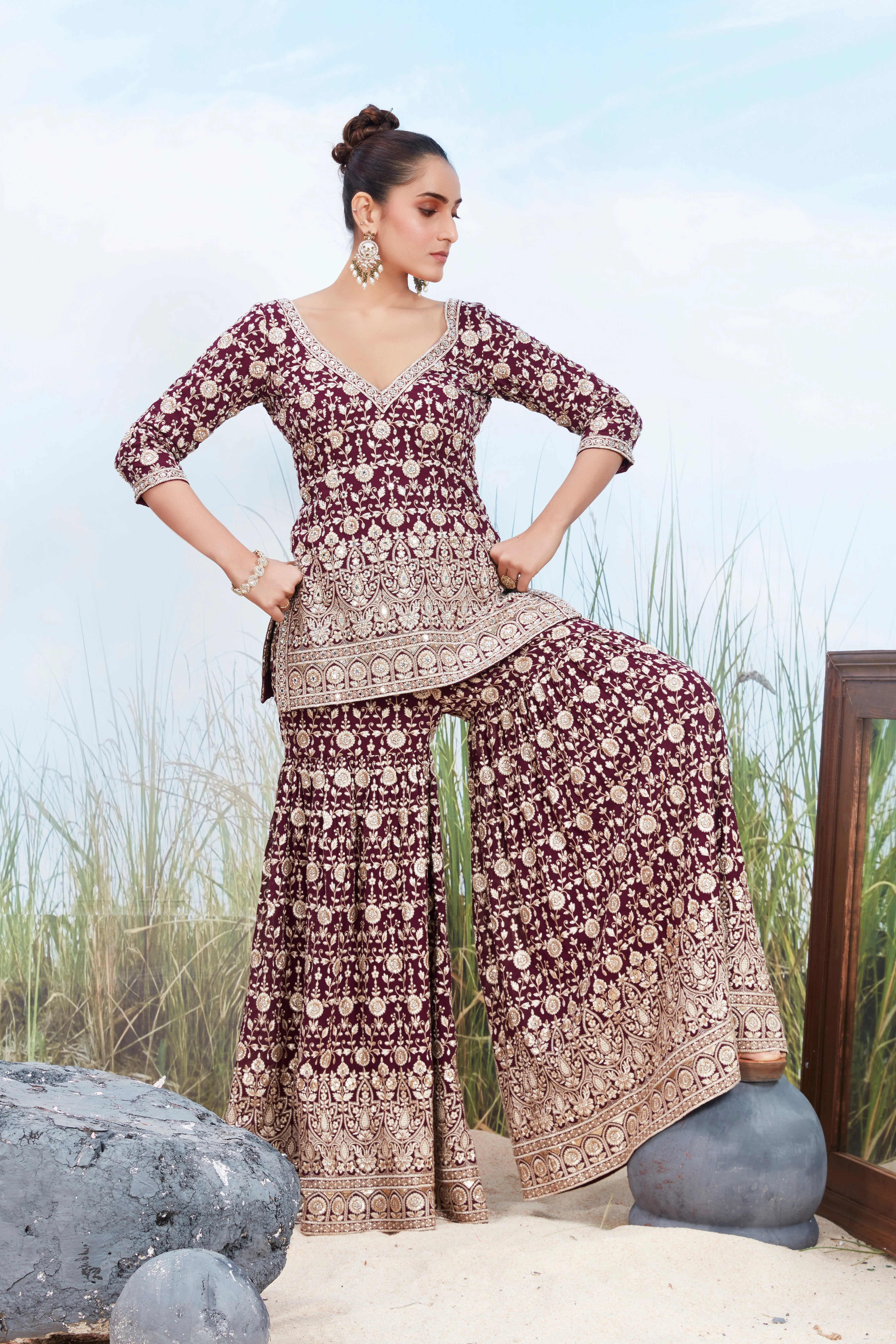Burgundy Embellished Georgette Silk Sharara Set - Image 2