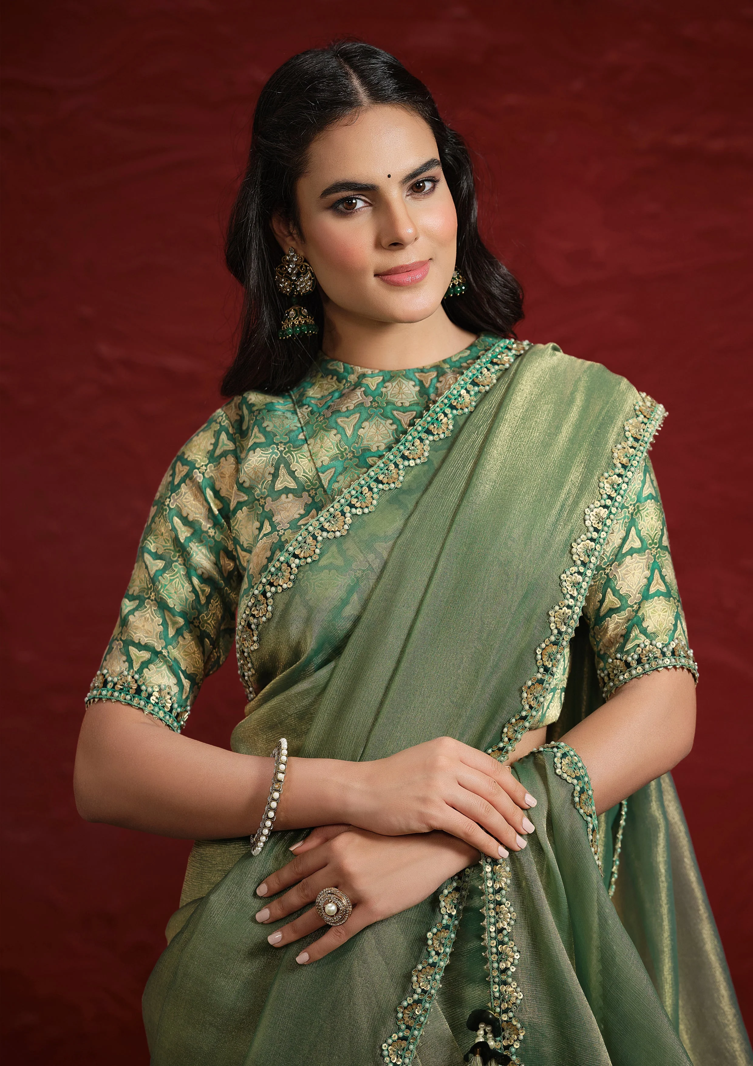 Sage Green Embellished Tissue Silk Saree - Image 2