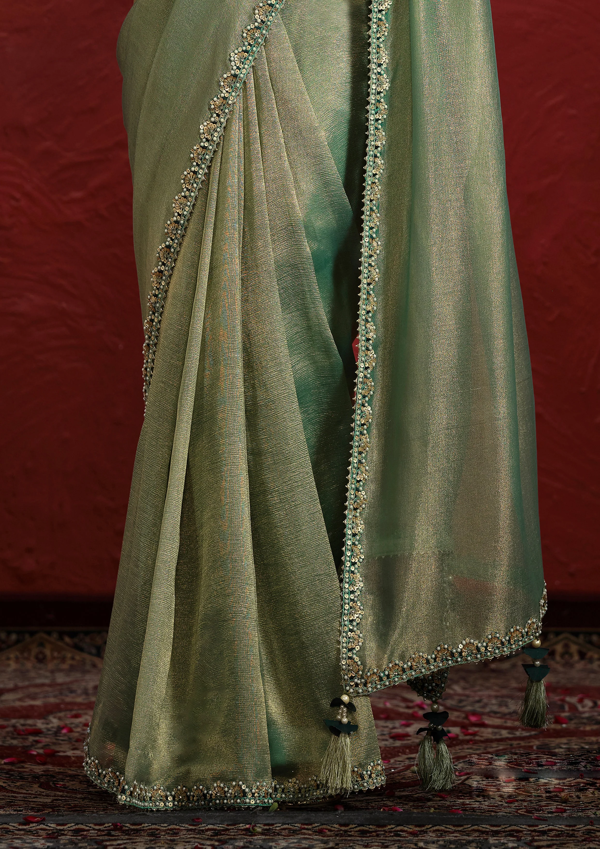 Sage Green Embellished Tissue Silk Saree - Image 3