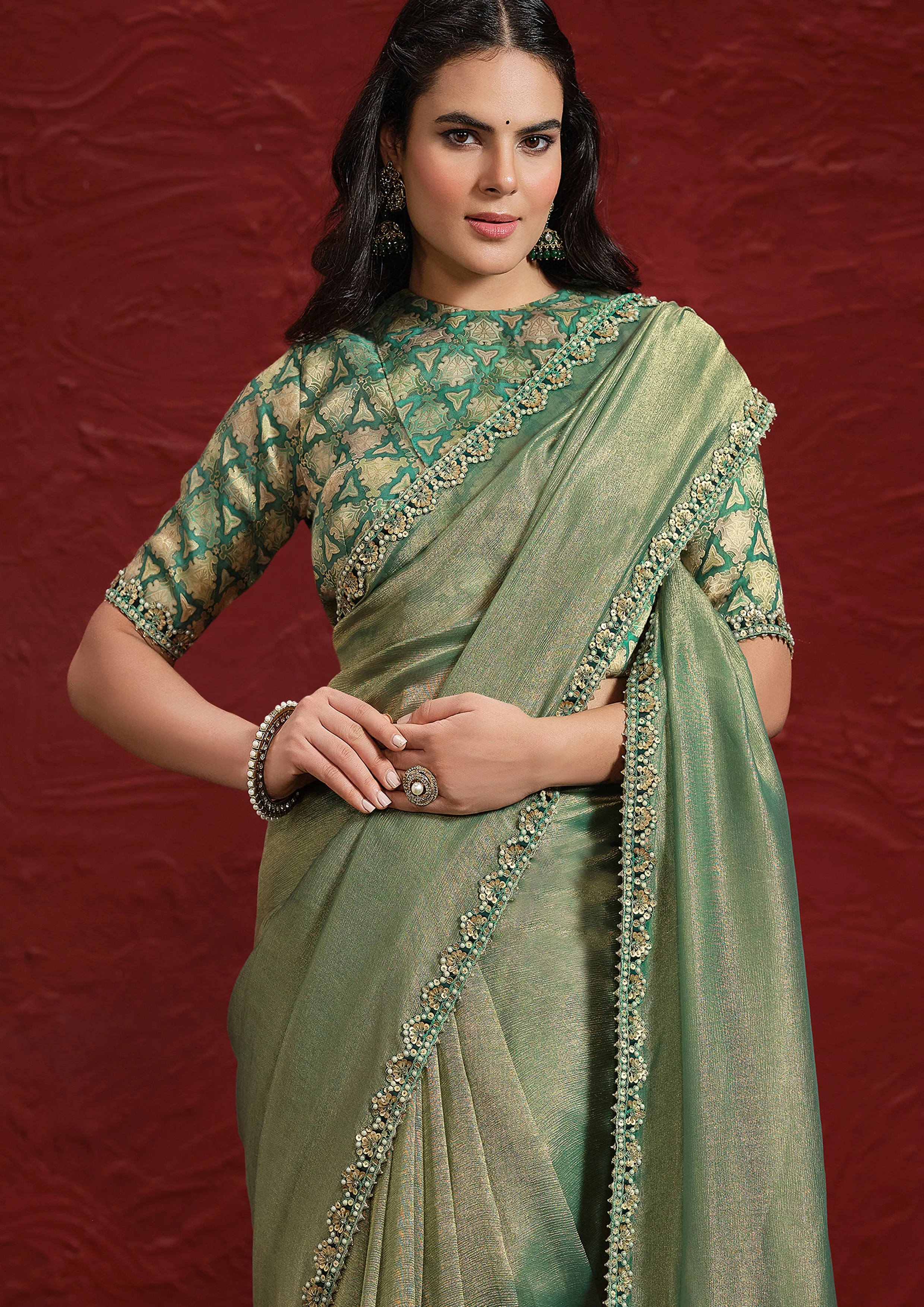 Sage Green Embellished Tissue Silk Saree - Image 4