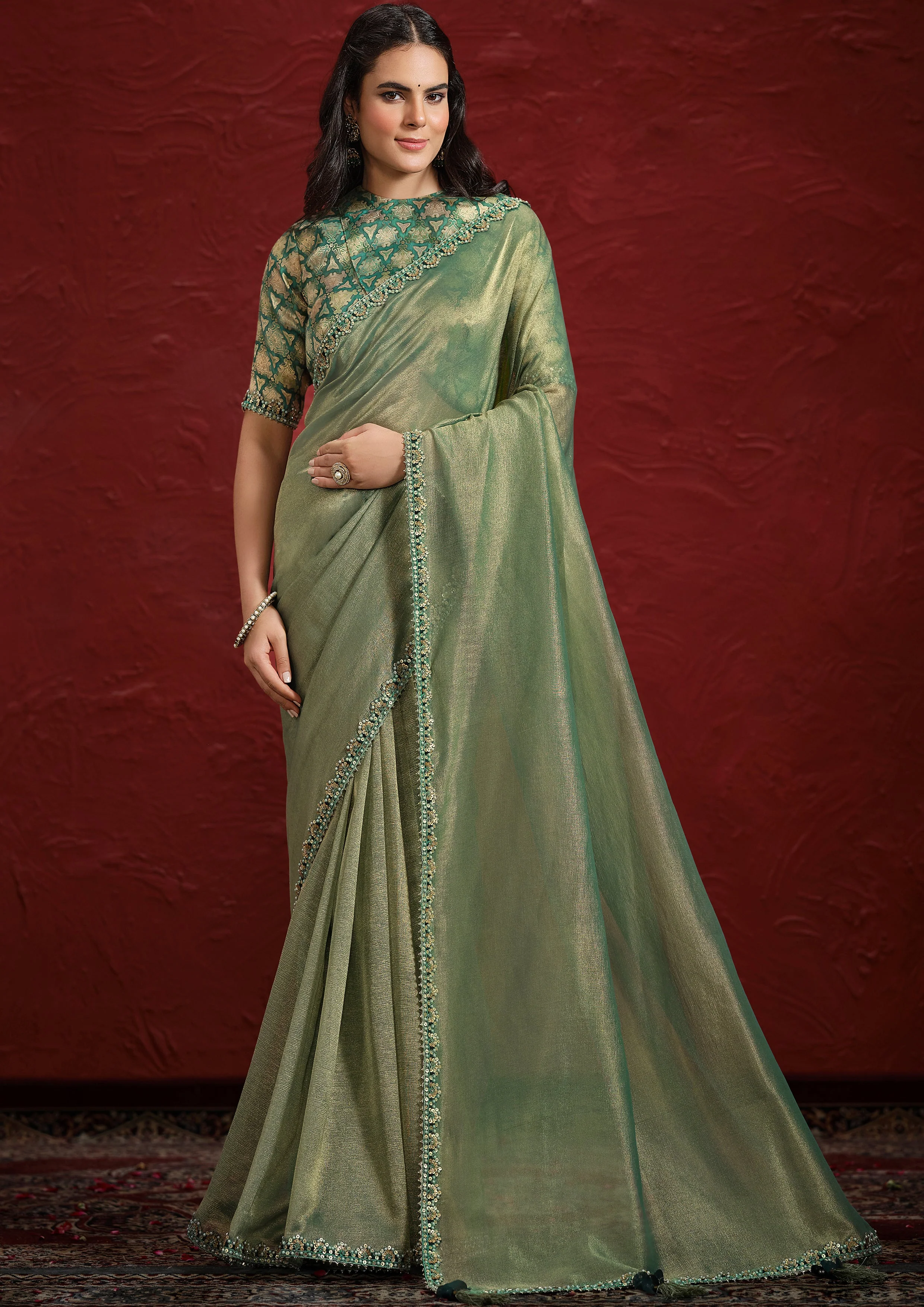 Sage Green Embellished Tissue Silk Saree - Image 5